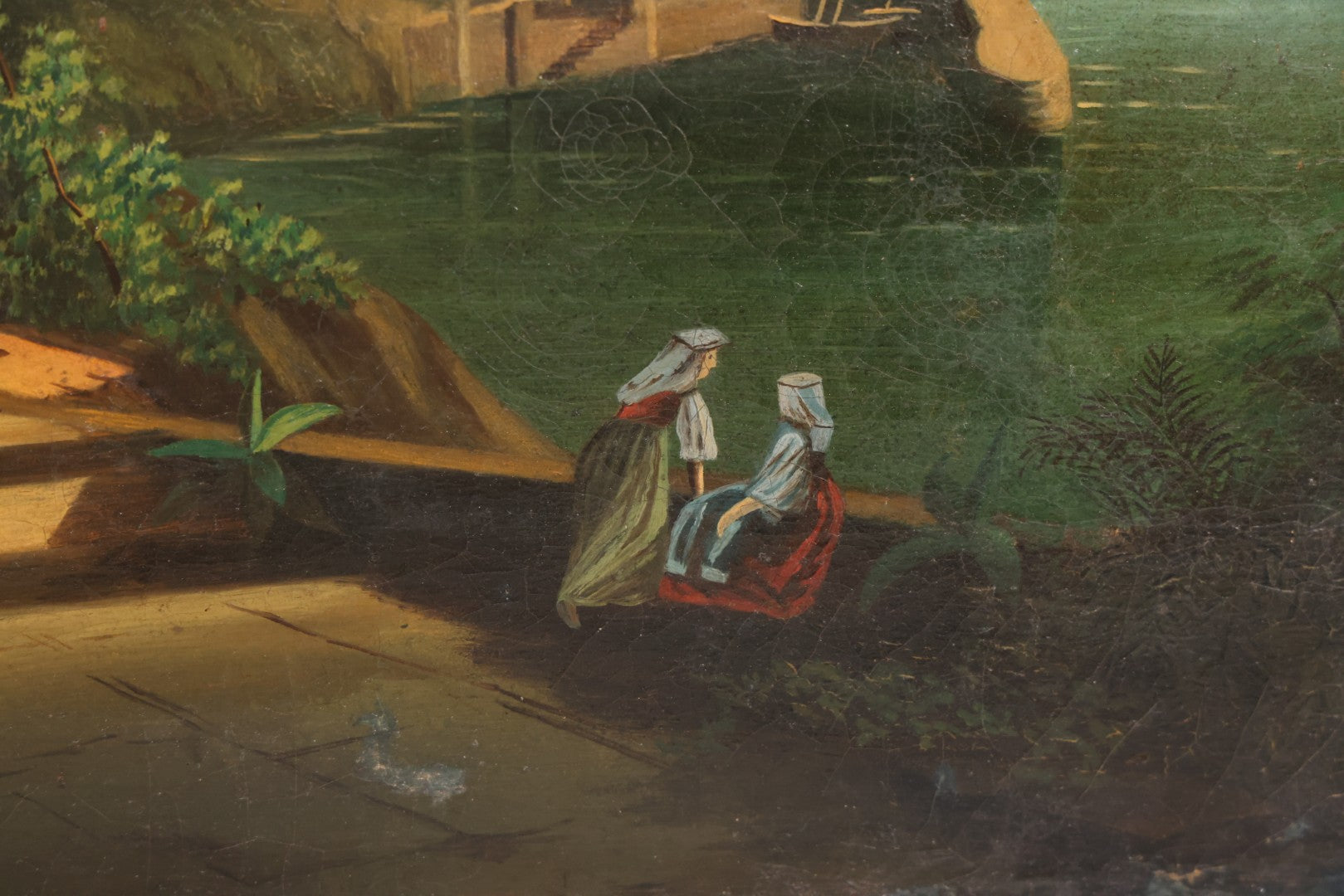 Lot 015 - Antique European Oil On Canvas Painting Landscape Scene Depicting Seaside Castle With Maidens Looking Toward The Coast From Stone Ruins, Mountains And Sailboats In The Distance, Cloudy Sky, Circa Early 19th Century, 24" x 18"