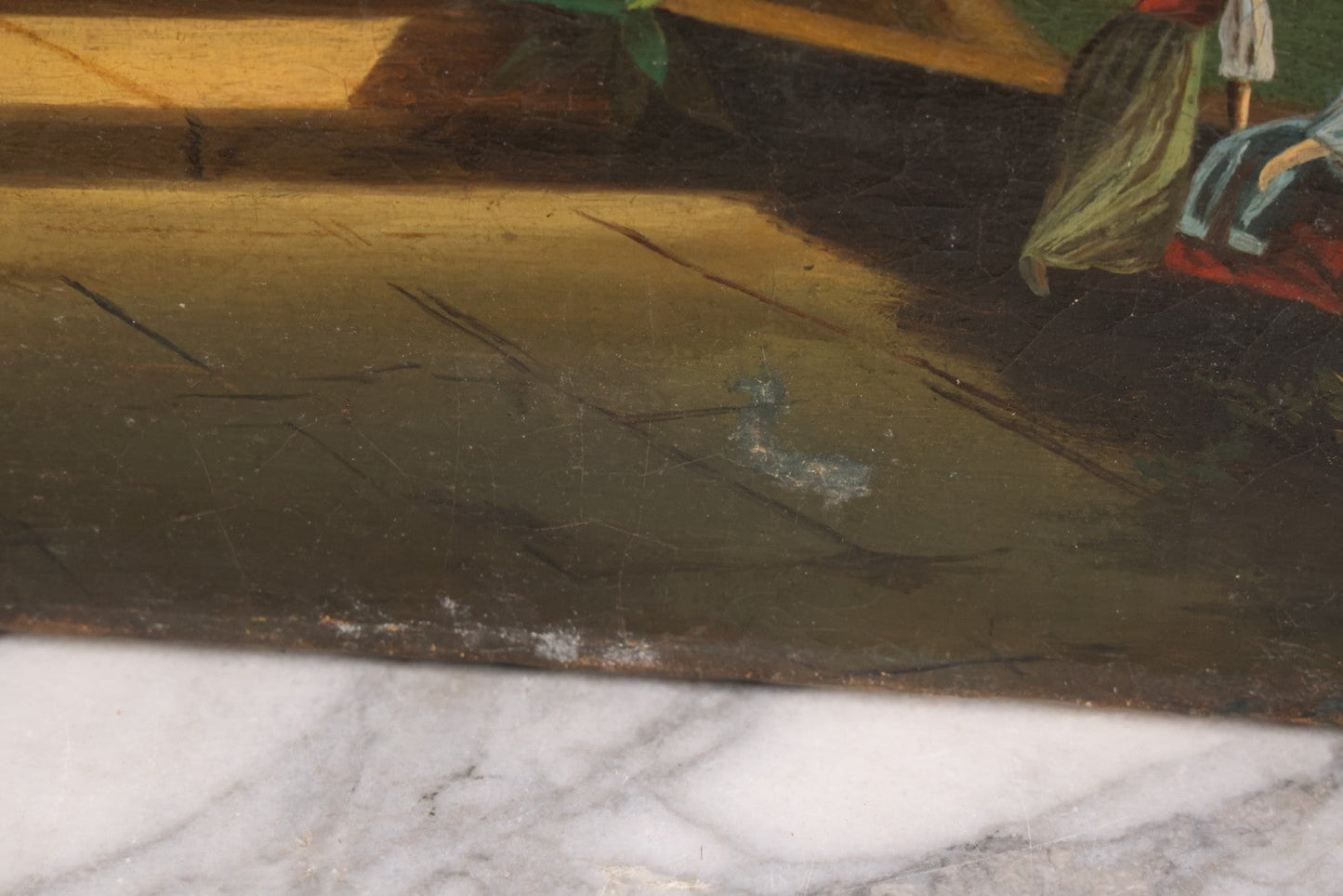 Lot 015 - Antique European Oil On Canvas Painting Landscape Scene Depicting Seaside Castle With Maidens Looking Toward The Coast From Stone Ruins, Mountains And Sailboats In The Distance, Cloudy Sky, Circa Early 19th Century, 24" x 18"