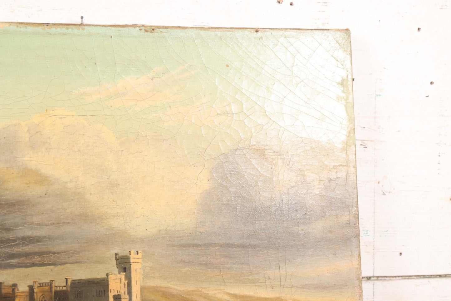 Lot 015 - Antique European Oil On Canvas Painting Landscape Scene Depicting Seaside Castle With Maidens Looking Toward The Coast From Stone Ruins, Mountains And Sailboats In The Distance, Cloudy Sky, Circa Early 19th Century, 24" x 18"