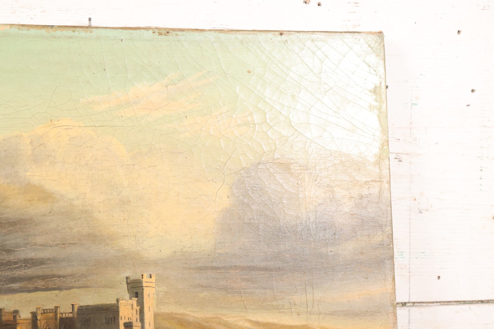 Lot 015 - Antique European Oil On Canvas Painting Landscape Scene Depicting Seaside Castle With Maidens Looking Toward The Coast From Stone Ruins, Mountains And Sailboats In The Distance, Cloudy Sky, Circa Early 19th Century, 24" x 18"