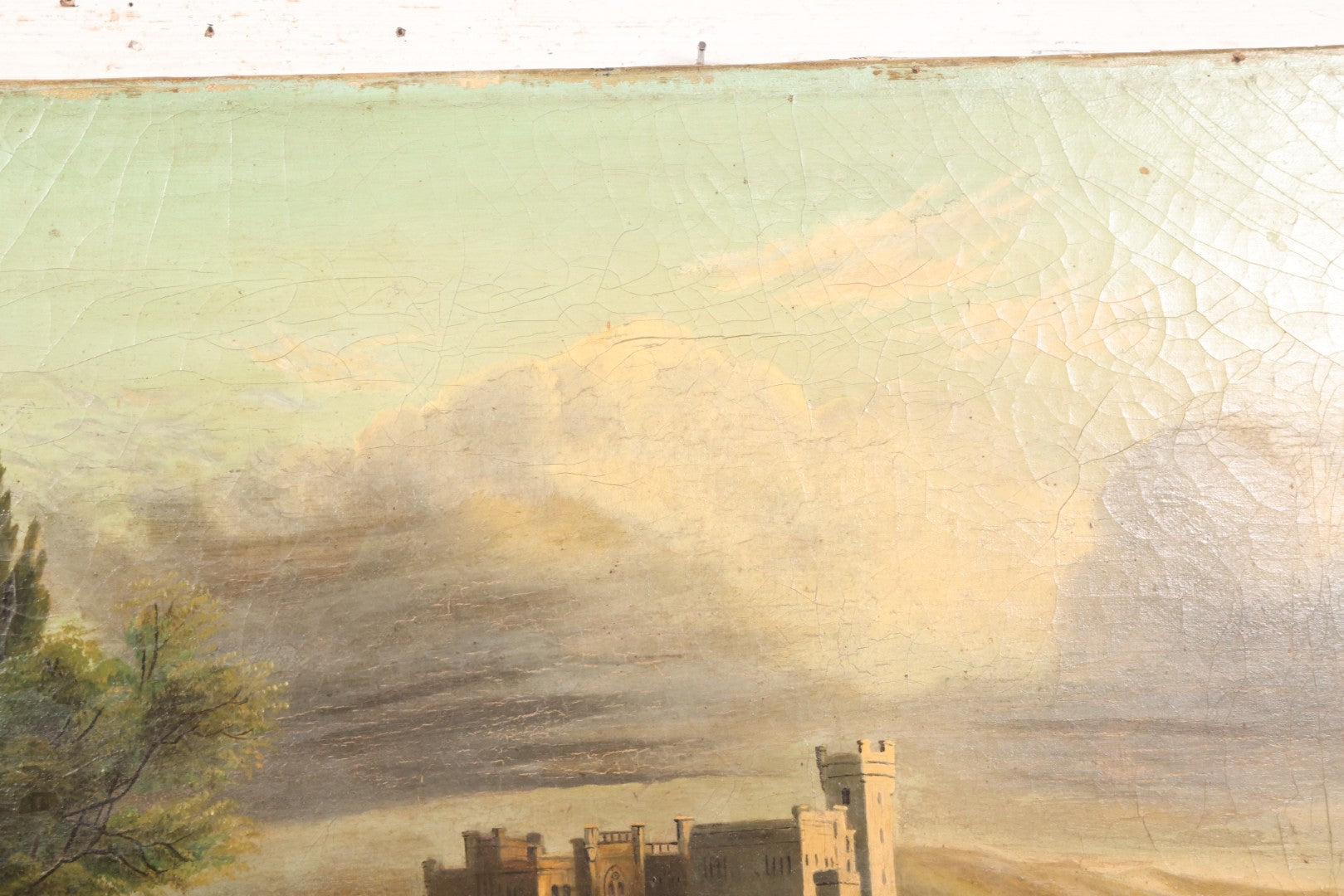 Lot 015 - Antique European Oil On Canvas Painting Landscape Scene Depicting Seaside Castle With Maidens Looking Toward The Coast From Stone Ruins, Mountains And Sailboats In The Distance, Cloudy Sky, Circa Early 19th Century, 24" x 18"