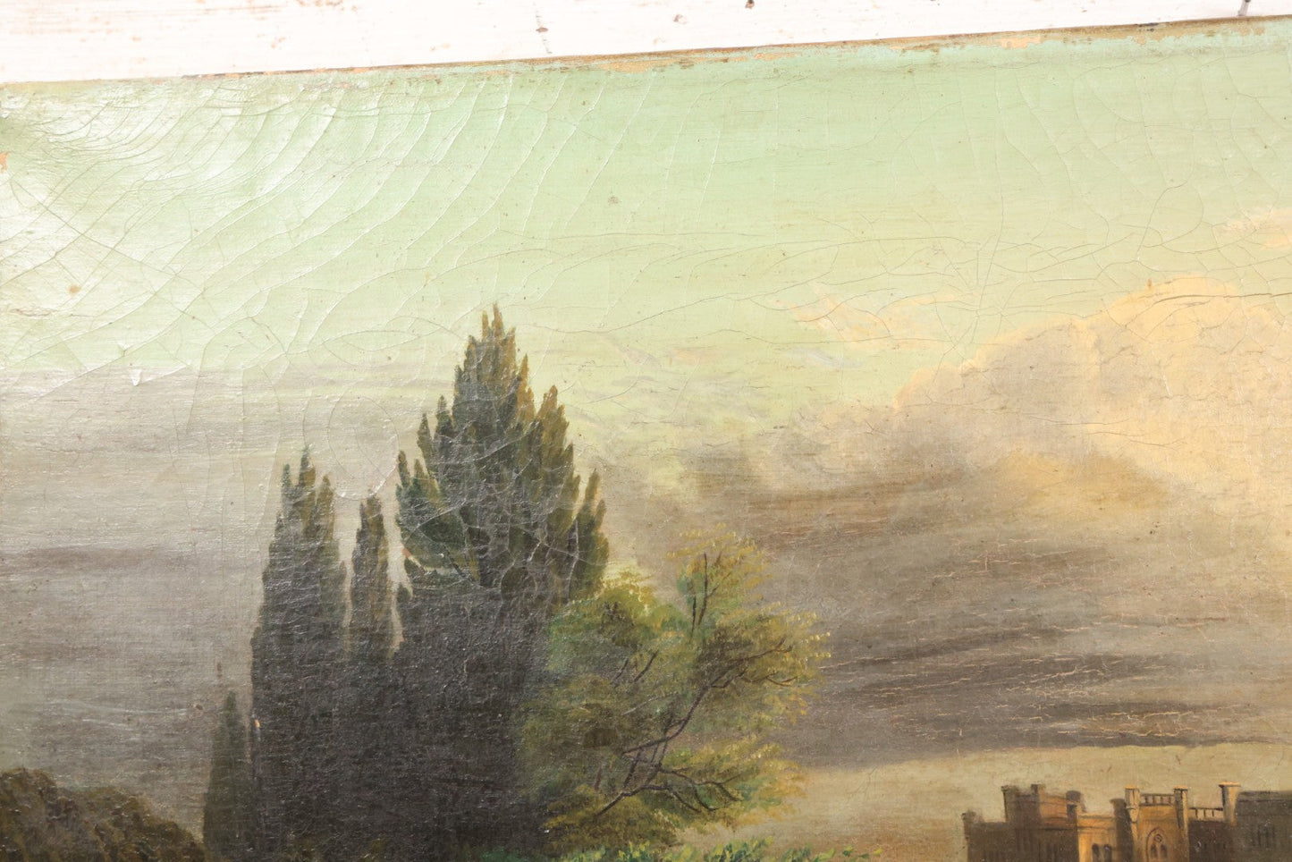 Lot 015 - Antique European Oil On Canvas Painting Landscape Scene Depicting Seaside Castle With Maidens Looking Toward The Coast From Stone Ruins, Mountains And Sailboats In The Distance, Cloudy Sky, Circa Early 19th Century, 24" x 18"