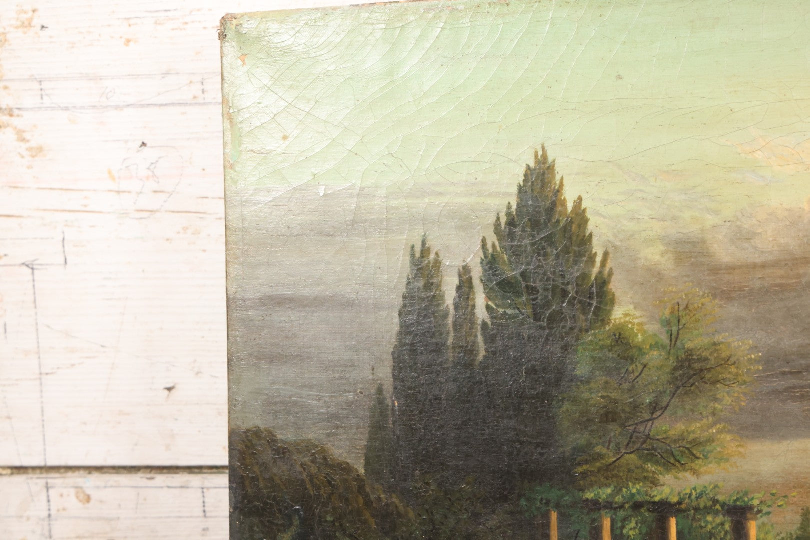 Lot 015 - Antique European Oil On Canvas Painting Landscape Scene Depicting Seaside Castle With Maidens Looking Toward The Coast From Stone Ruins, Mountains And Sailboats In The Distance, Cloudy Sky, Circa Early 19th Century, 24" x 18"