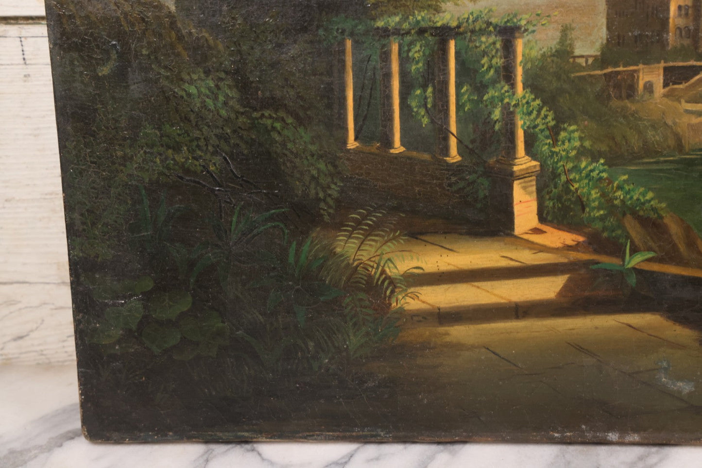 Lot 015 - Antique European Oil On Canvas Painting Landscape Scene Depicting Seaside Castle With Maidens Looking Toward The Coast From Stone Ruins, Mountains And Sailboats In The Distance, Cloudy Sky, Circa Early 19th Century, 24" x 18"