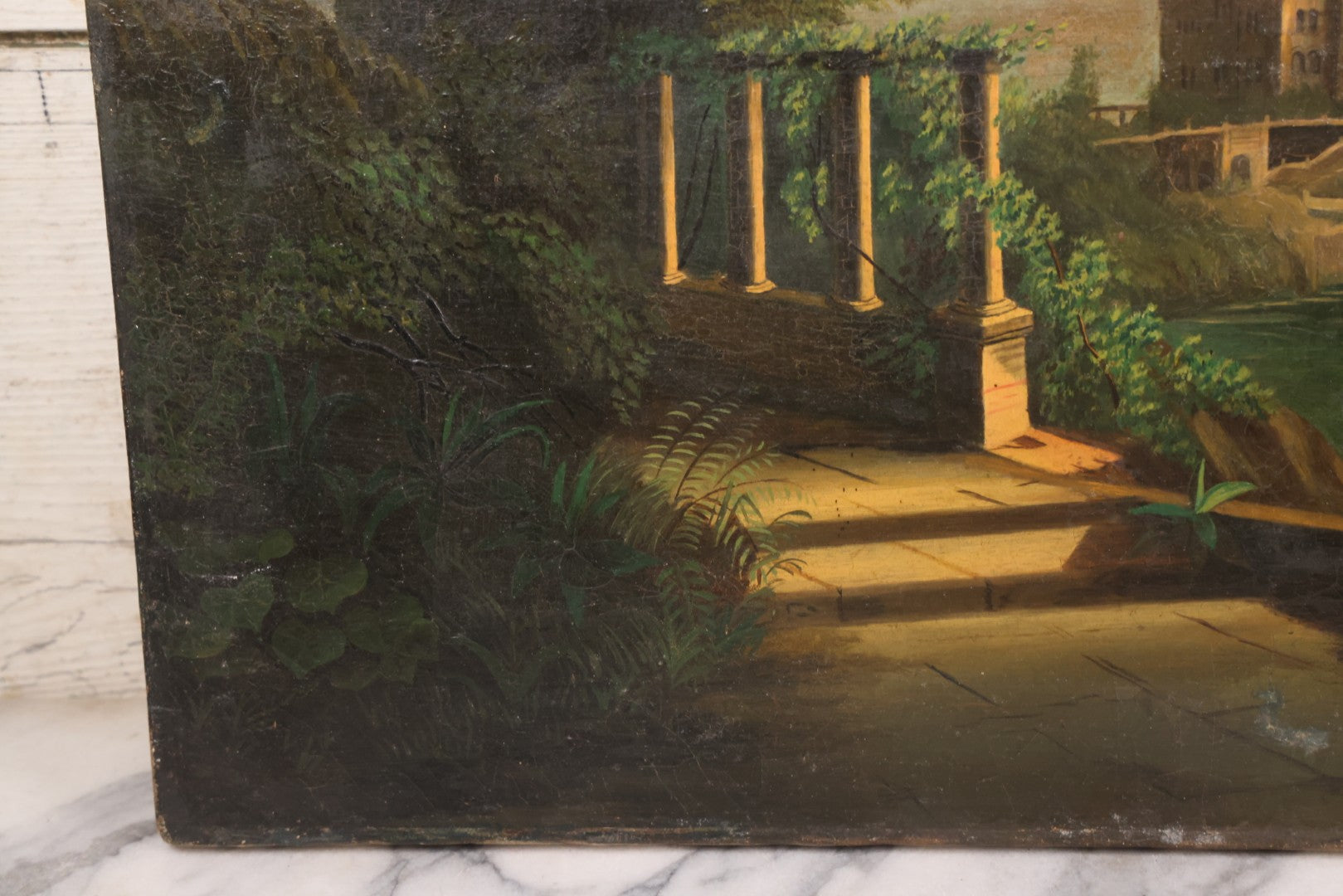 Lot 015 - Antique European Oil On Canvas Painting Landscape Scene Depicting Seaside Castle With Maidens Looking Toward The Coast From Stone Ruins, Mountains And Sailboats In The Distance, Cloudy Sky, Circa Early 19th Century, 24" x 18"