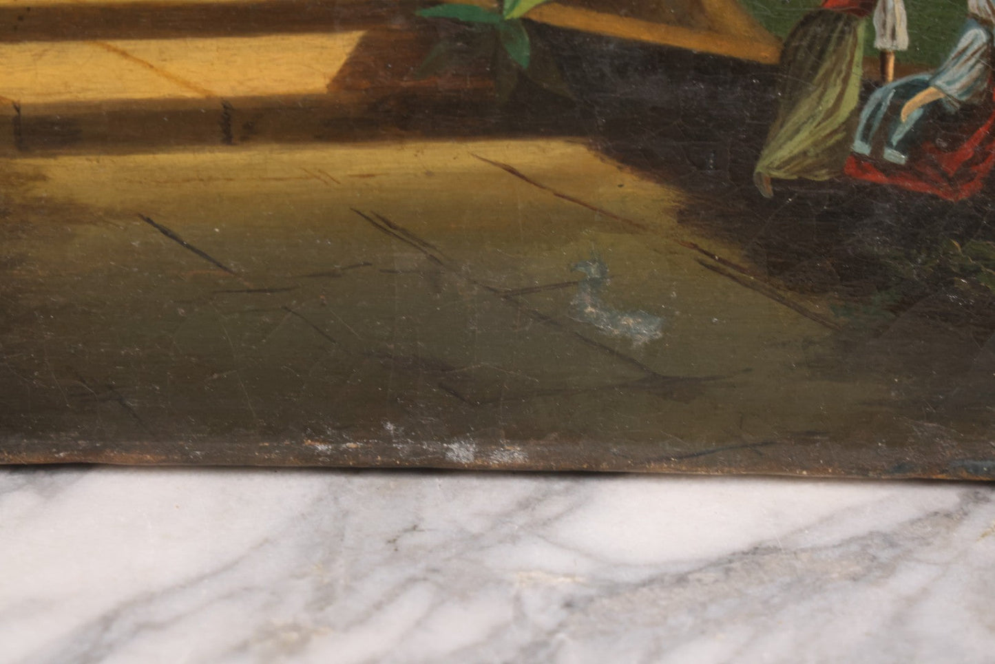 Lot 015 - Antique European Oil On Canvas Painting Landscape Scene Depicting Seaside Castle With Maidens Looking Toward The Coast From Stone Ruins, Mountains And Sailboats In The Distance, Cloudy Sky, Circa Early 19th Century, 24" x 18"