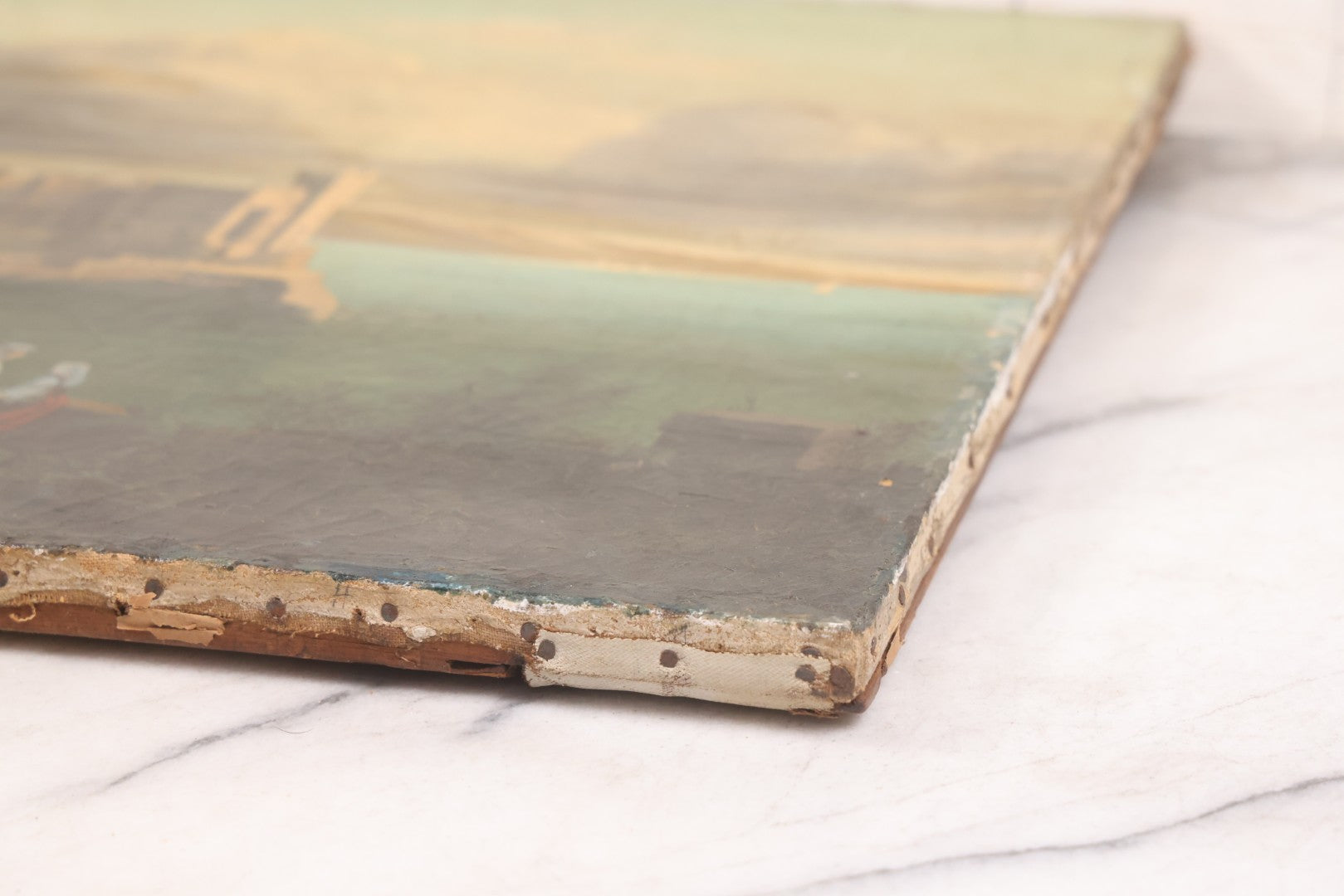 Lot 015 - Antique European Oil On Canvas Painting Landscape Scene Depicting Seaside Castle With Maidens Looking Toward The Coast From Stone Ruins, Mountains And Sailboats In The Distance, Cloudy Sky, Circa Early 19th Century, 24" x 18"