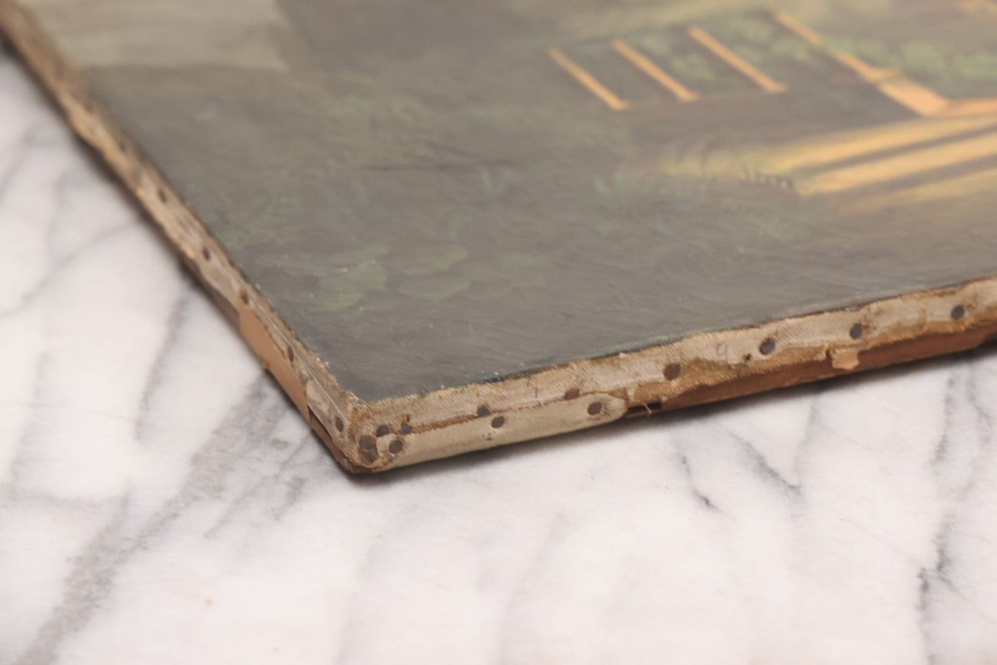 Lot 015 - Antique European Oil On Canvas Painting Landscape Scene Depicting Seaside Castle With Maidens Looking Toward The Coast From Stone Ruins, Mountains And Sailboats In The Distance, Cloudy Sky, Circa Early 19th Century, 24" x 18"