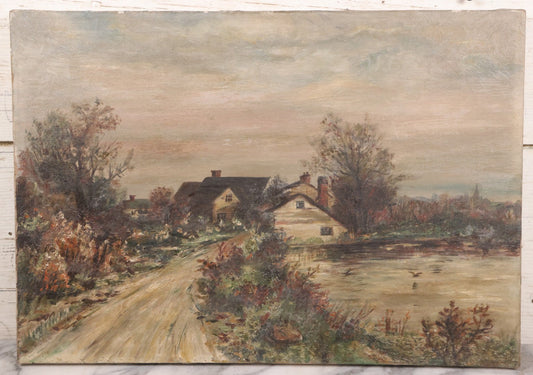 Lot 016 - Antique Oil On Canvas Painting Landscape Scene Depicting A Country Farm Cottage Beside A Pond, Overgrown Foliage, Trees, Colorful Sky, Circa Early 20th Century, 20" x 14"
