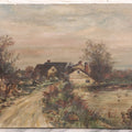 Lot 016 - Antique Oil On Canvas Painting Landscape Scene Depicting A Country Farm Cottage Beside A Pond, Overgrown Foliage, Trees, Colorful Sky, Circa Early 20th Century, 20" x 14"