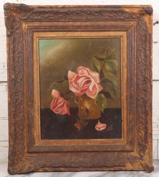 Lot 017 - Antique Oil On Canvas Painting Of Pink Roses In Brass Handled Vase In Original Pressed Gesso Frame, Circa 1875, 14-1/4" x 16-1/2"