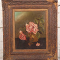Lot 017 - Antique Oil On Canvas Painting Of Pink Roses In Brass Handled Vase In Original Pressed Gesso Frame, Circa 1875, 14-1/4" x 16-1/2"