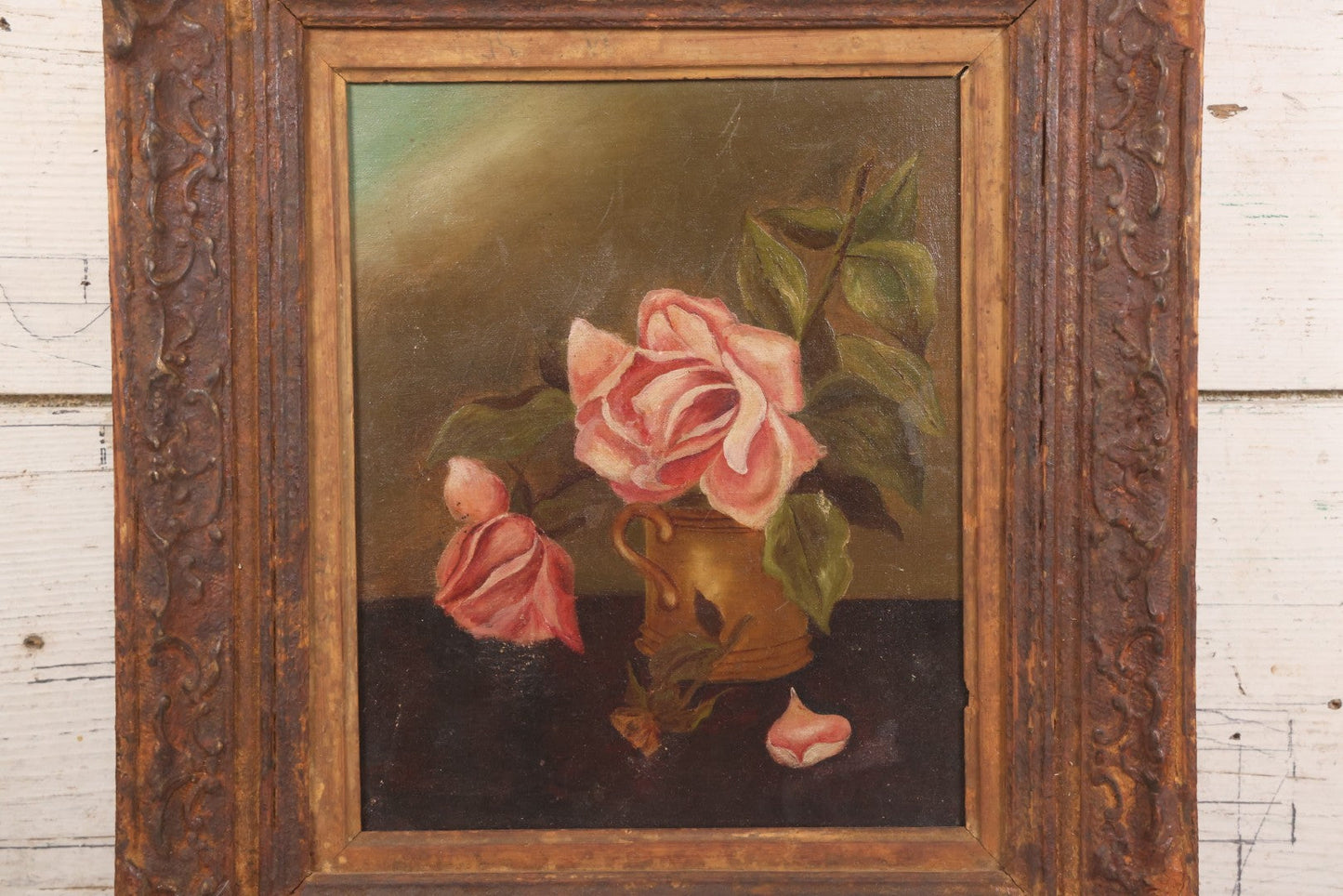 Lot 017 - Antique Oil On Canvas Painting Of Pink Roses In Brass Handled Vase In Original Pressed Gesso Frame, Circa 1875, 14-1/4" x 16-1/2"