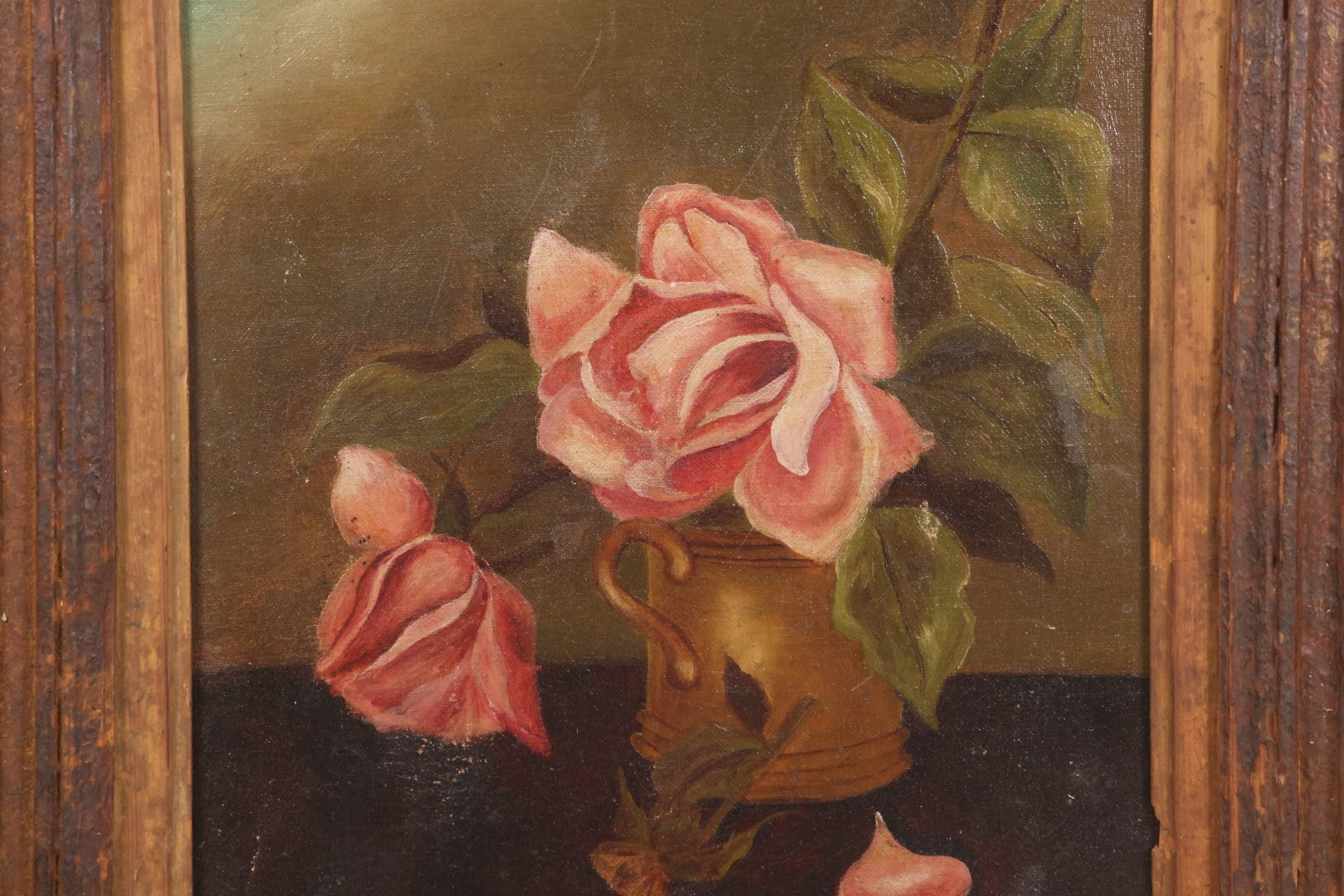 Lot 017 - Antique Oil On Canvas Painting Of Pink Roses In Brass Handled Vase In Original Pressed Gesso Frame, Circa 1875, 14-1/4" x 16-1/2"