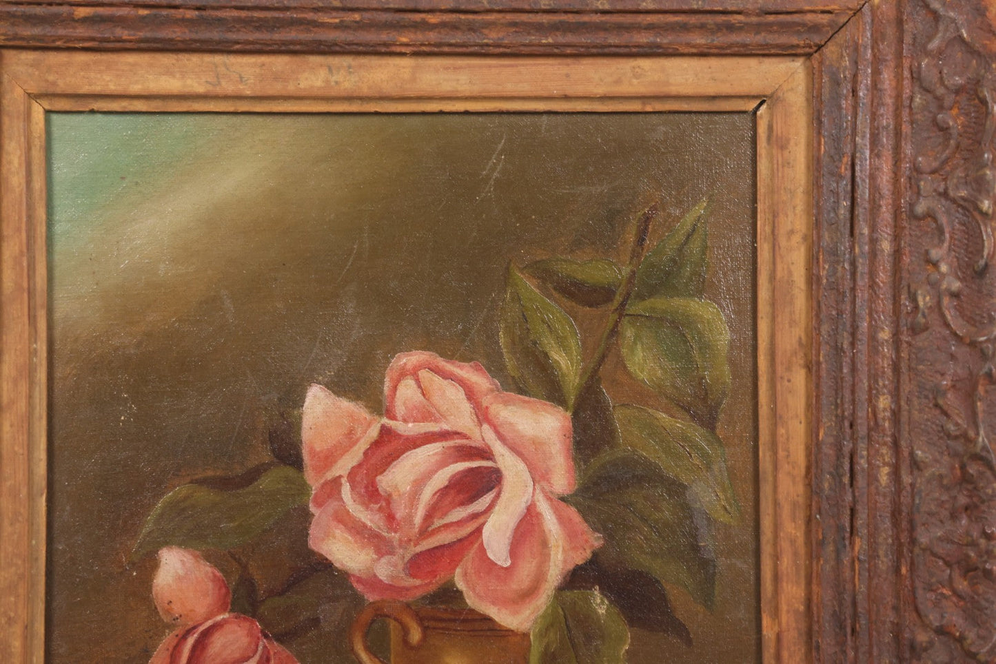 Lot 017 - Antique Oil On Canvas Painting Of Pink Roses In Brass Handled Vase In Original Pressed Gesso Frame, Circa 1875, 14-1/4" x 16-1/2"