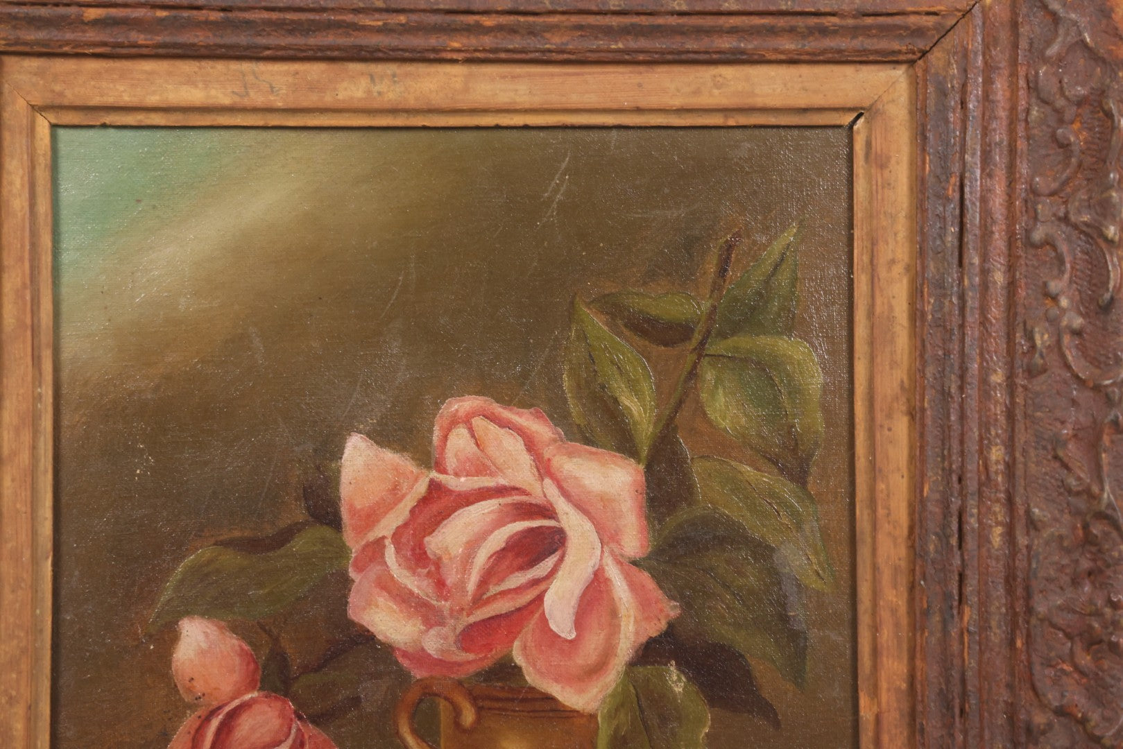 Lot 017 - Antique Oil On Canvas Painting Of Pink Roses In Brass Handled Vase In Original Pressed Gesso Frame, Circa 1875, 14-1/4" x 16-1/2"
