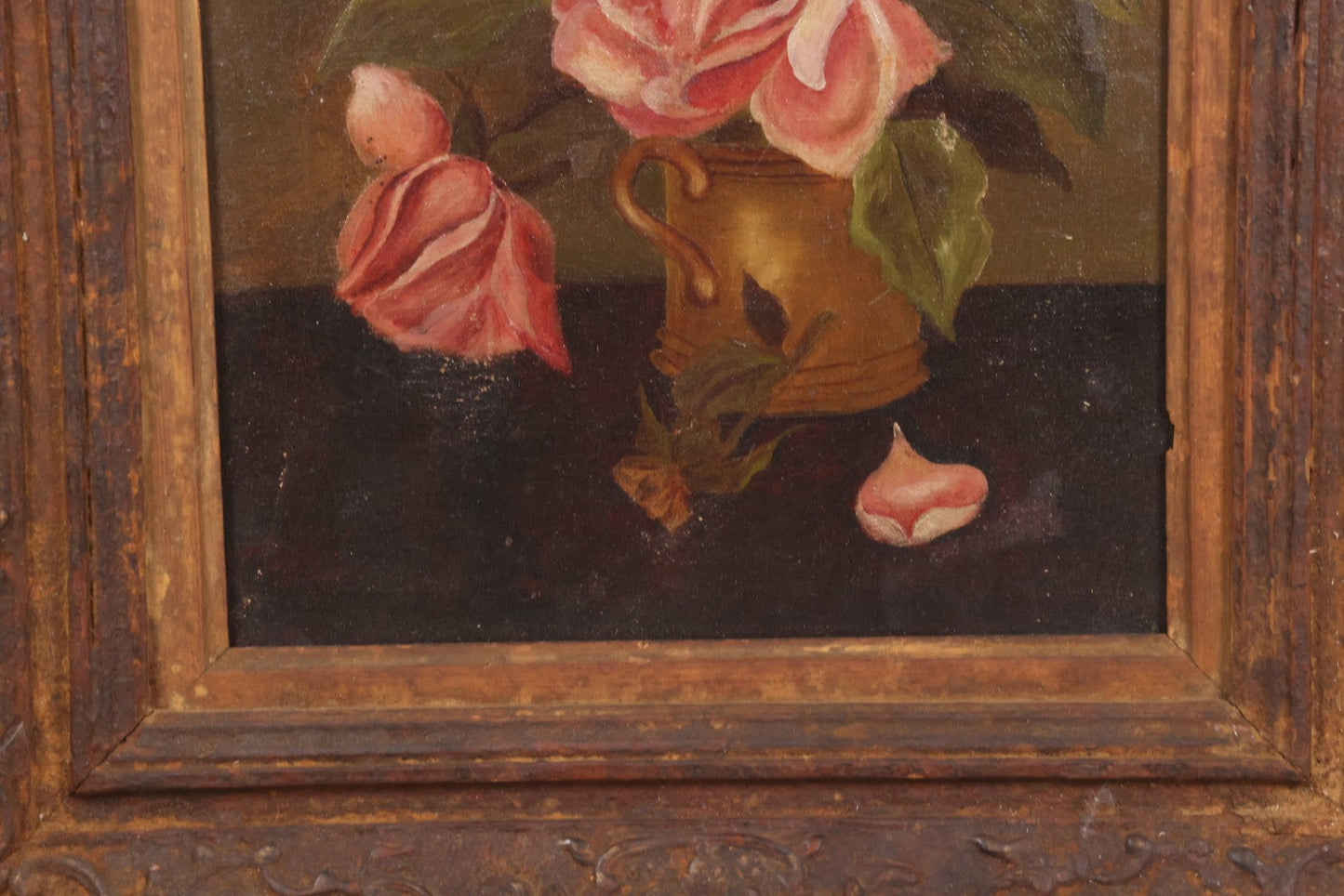 Lot 017 - Antique Oil On Canvas Painting Of Pink Roses In Brass Handled Vase In Original Pressed Gesso Frame, Circa 1875, 14-1/4" x 16-1/2"