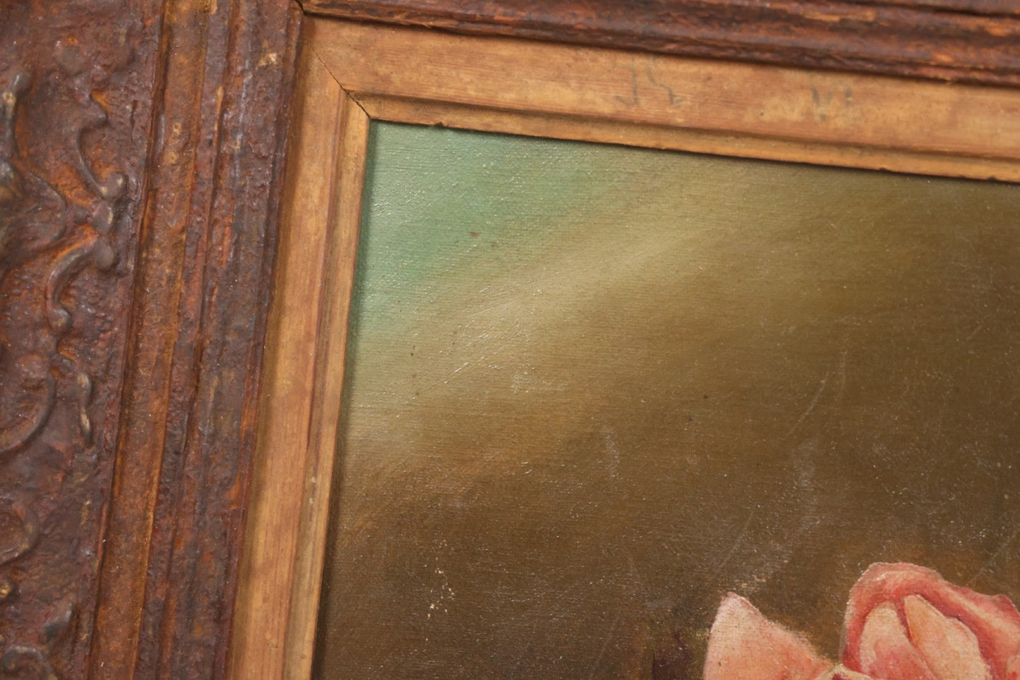 Lot 017 - Antique Oil On Canvas Painting Of Pink Roses In Brass Handled Vase In Original Pressed Gesso Frame, Circa 1875, 14-1/4" x 16-1/2"