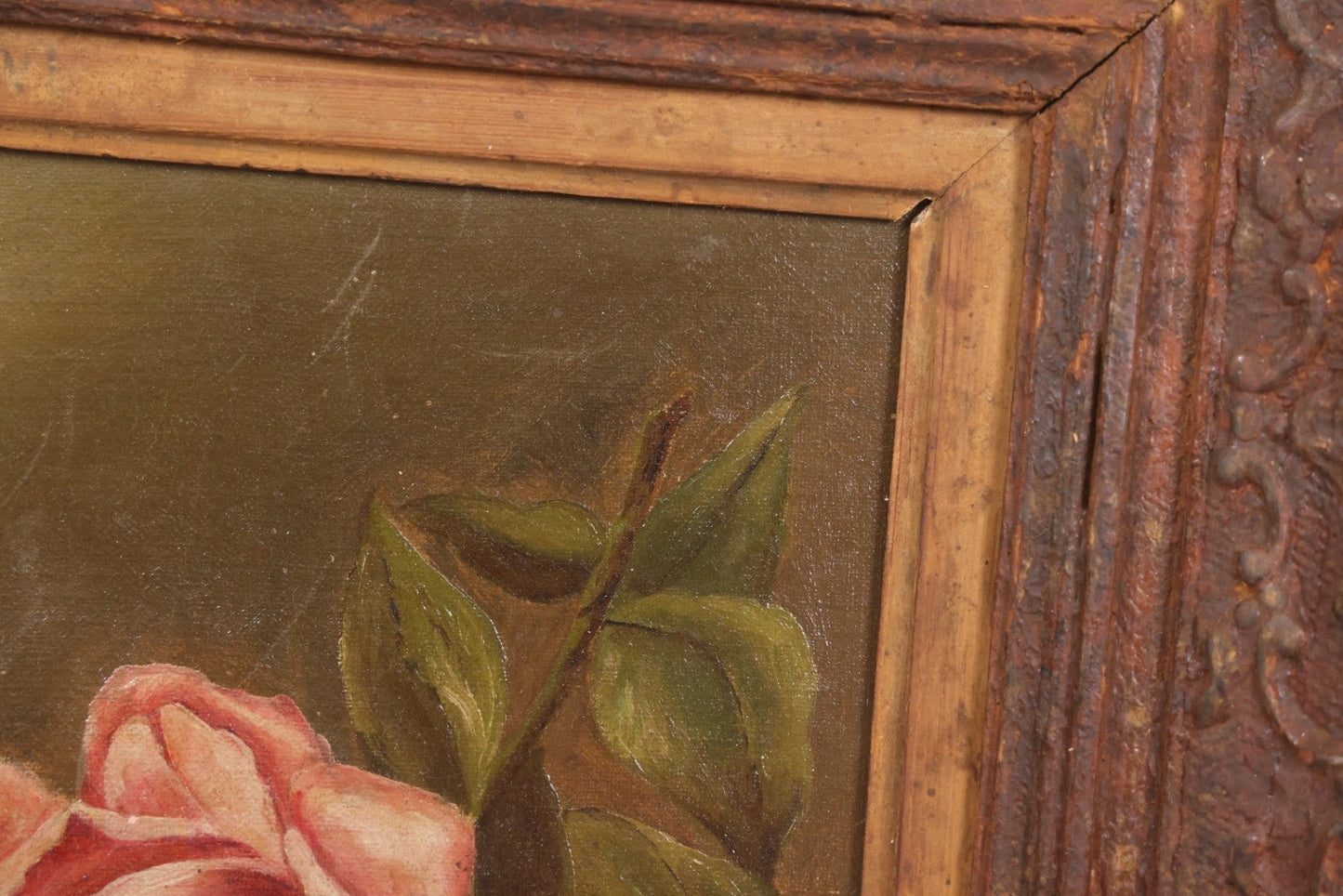 Lot 017 - Antique Oil On Canvas Painting Of Pink Roses In Brass Handled Vase In Original Pressed Gesso Frame, Circa 1875, 14-1/4" x 16-1/2"