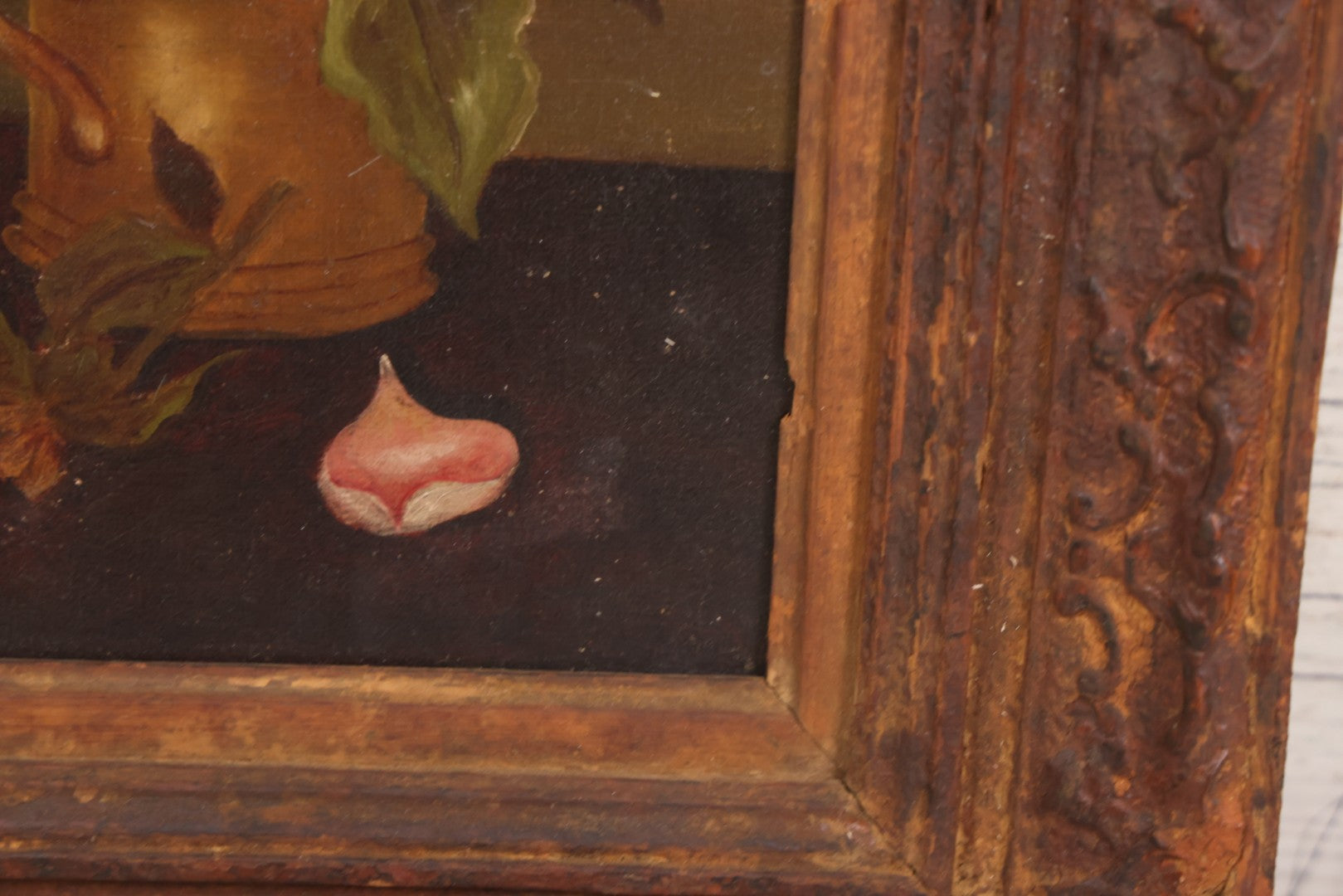 Lot 017 - Antique Oil On Canvas Painting Of Pink Roses In Brass Handled Vase In Original Pressed Gesso Frame, Circa 1875, 14-1/4" x 16-1/2"