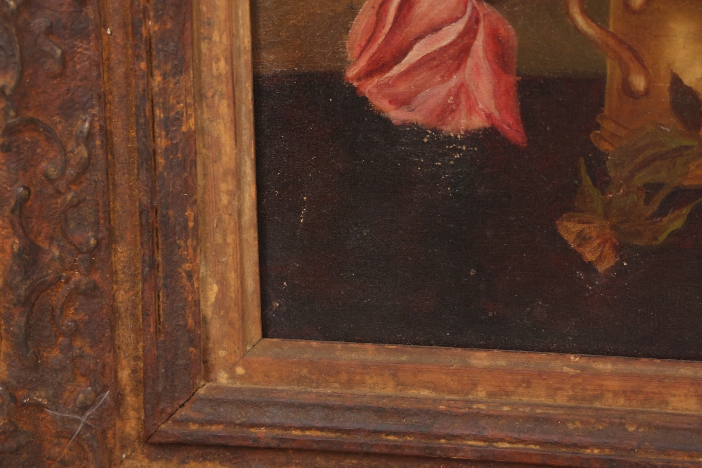 Lot 017 - Antique Oil On Canvas Painting Of Pink Roses In Brass Handled Vase In Original Pressed Gesso Frame, Circa 1875, 14-1/4" x 16-1/2"
