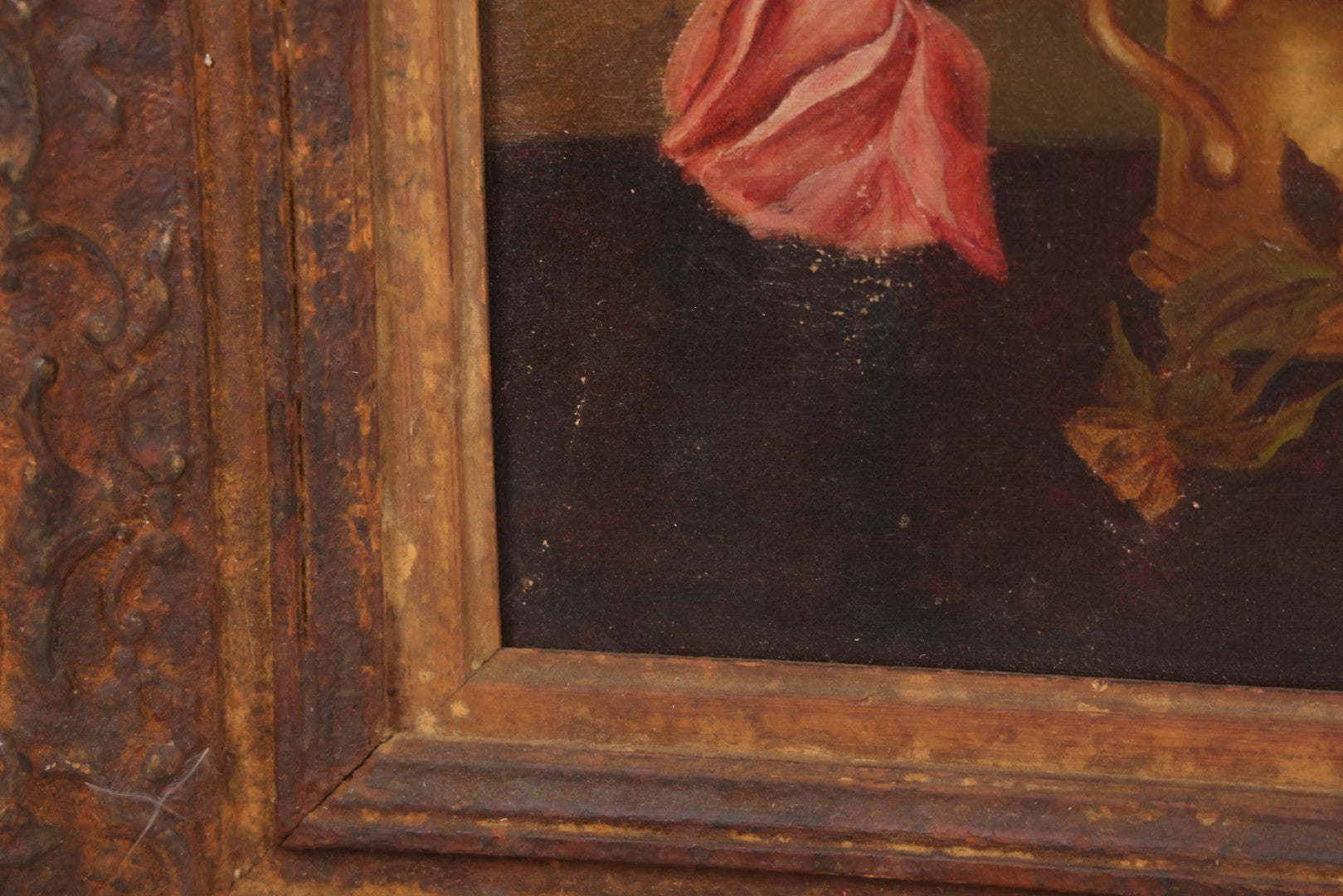 Lot 017 - Antique Oil On Canvas Painting Of Pink Roses In Brass Handled Vase In Original Pressed Gesso Frame, Circa 1875, 14-1/4" x 16-1/2"