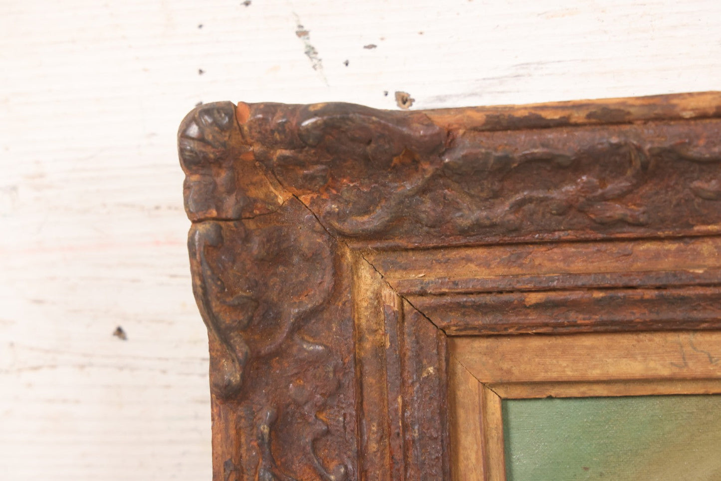 Lot 017 - Antique Oil On Canvas Painting Of Pink Roses In Brass Handled Vase In Original Pressed Gesso Frame, Circa 1875, 14-1/4" x 16-1/2"