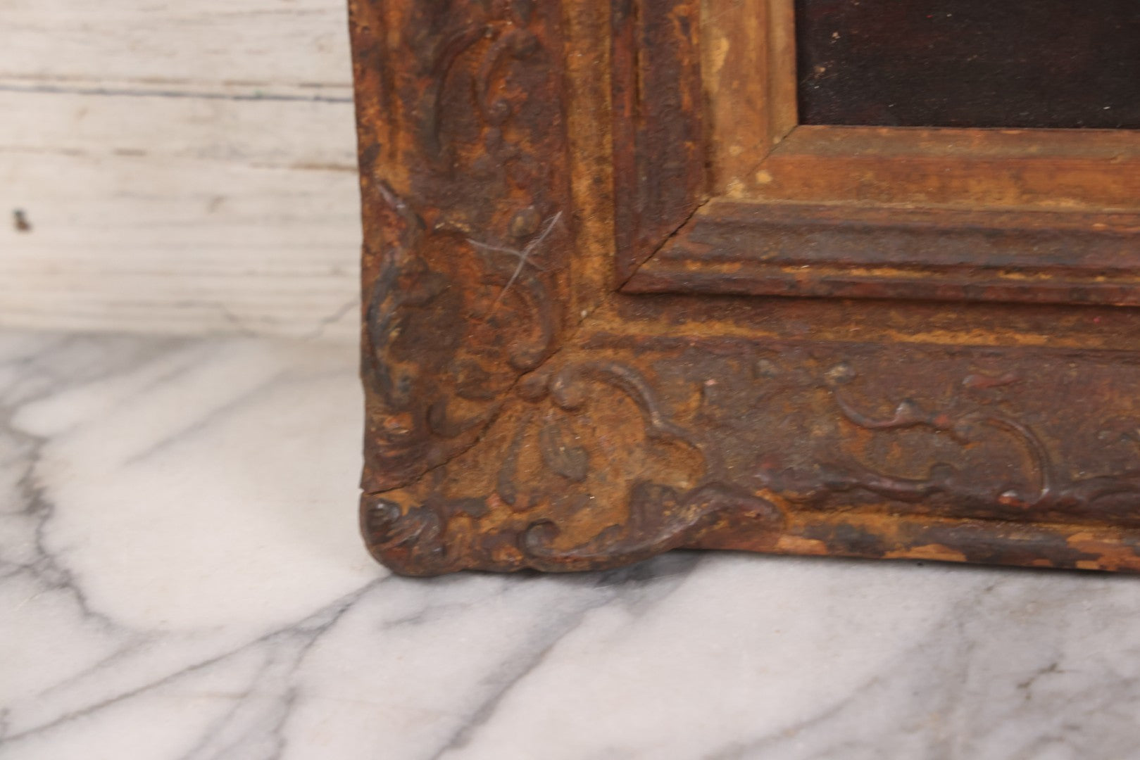 Lot 017 - Antique Oil On Canvas Painting Of Pink Roses In Brass Handled Vase In Original Pressed Gesso Frame, Circa 1875, 14-1/4" x 16-1/2"