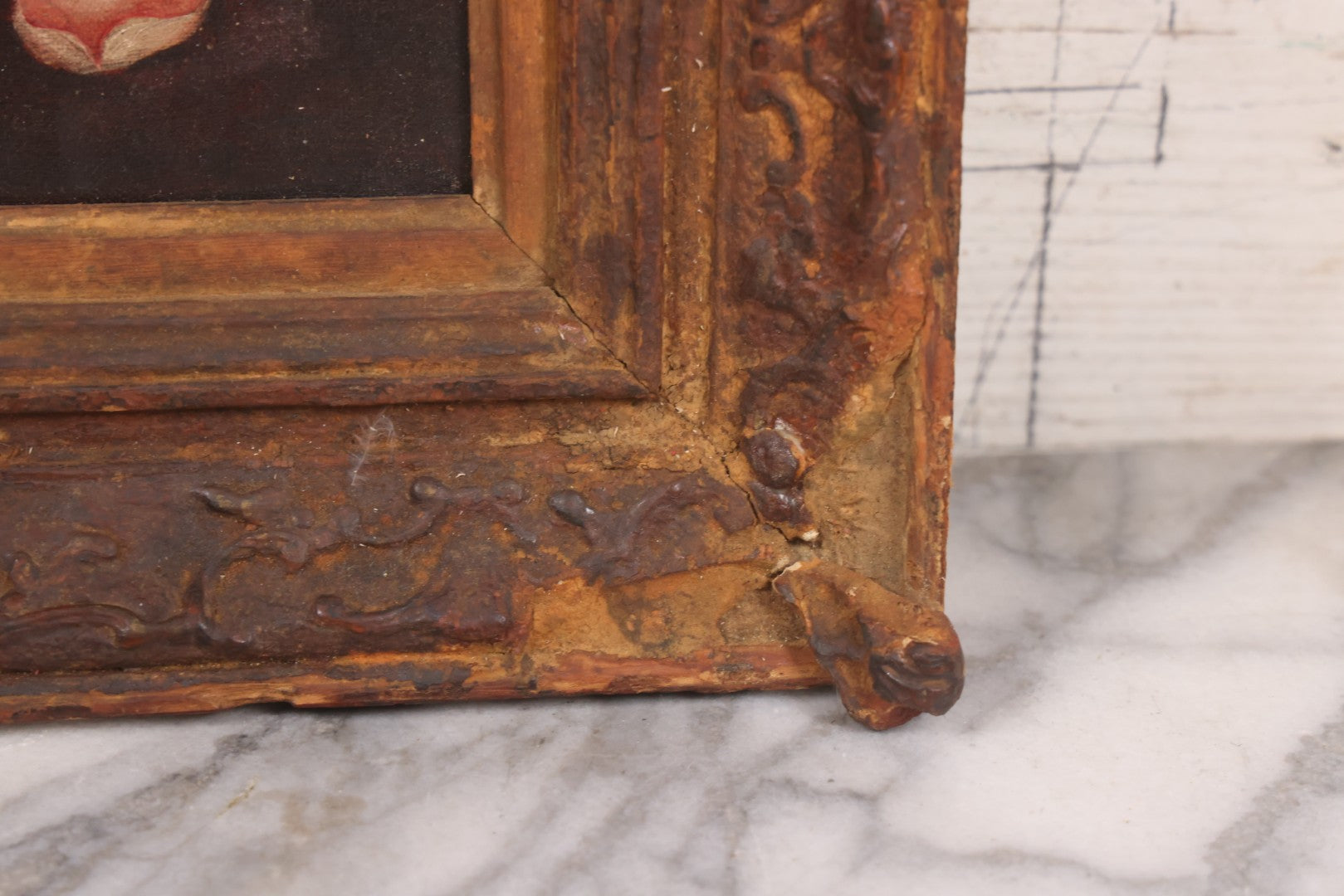 Lot 017 - Antique Oil On Canvas Painting Of Pink Roses In Brass Handled Vase In Original Pressed Gesso Frame, Circa 1875, 14-1/4" x 16-1/2"