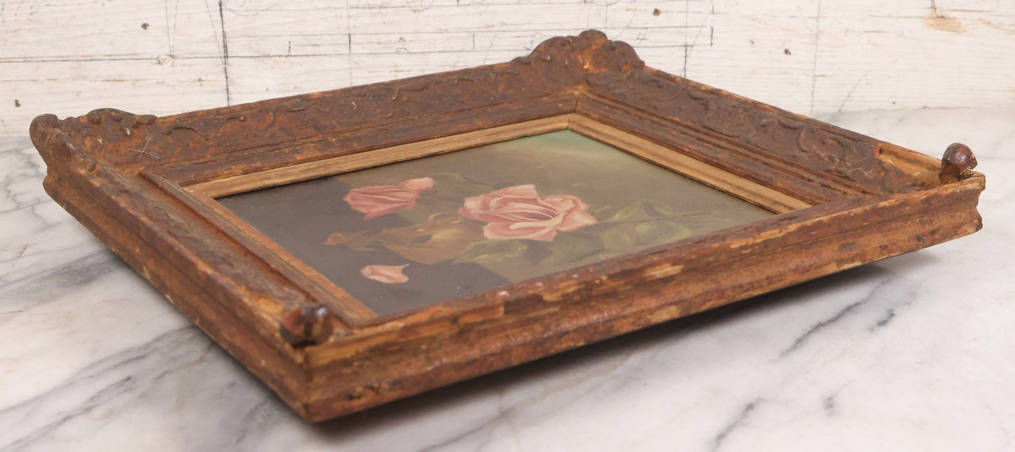 Lot 017 - Antique Oil On Canvas Painting Of Pink Roses In Brass Handled Vase In Original Pressed Gesso Frame, Circa 1875, 14-1/4" x 16-1/2"