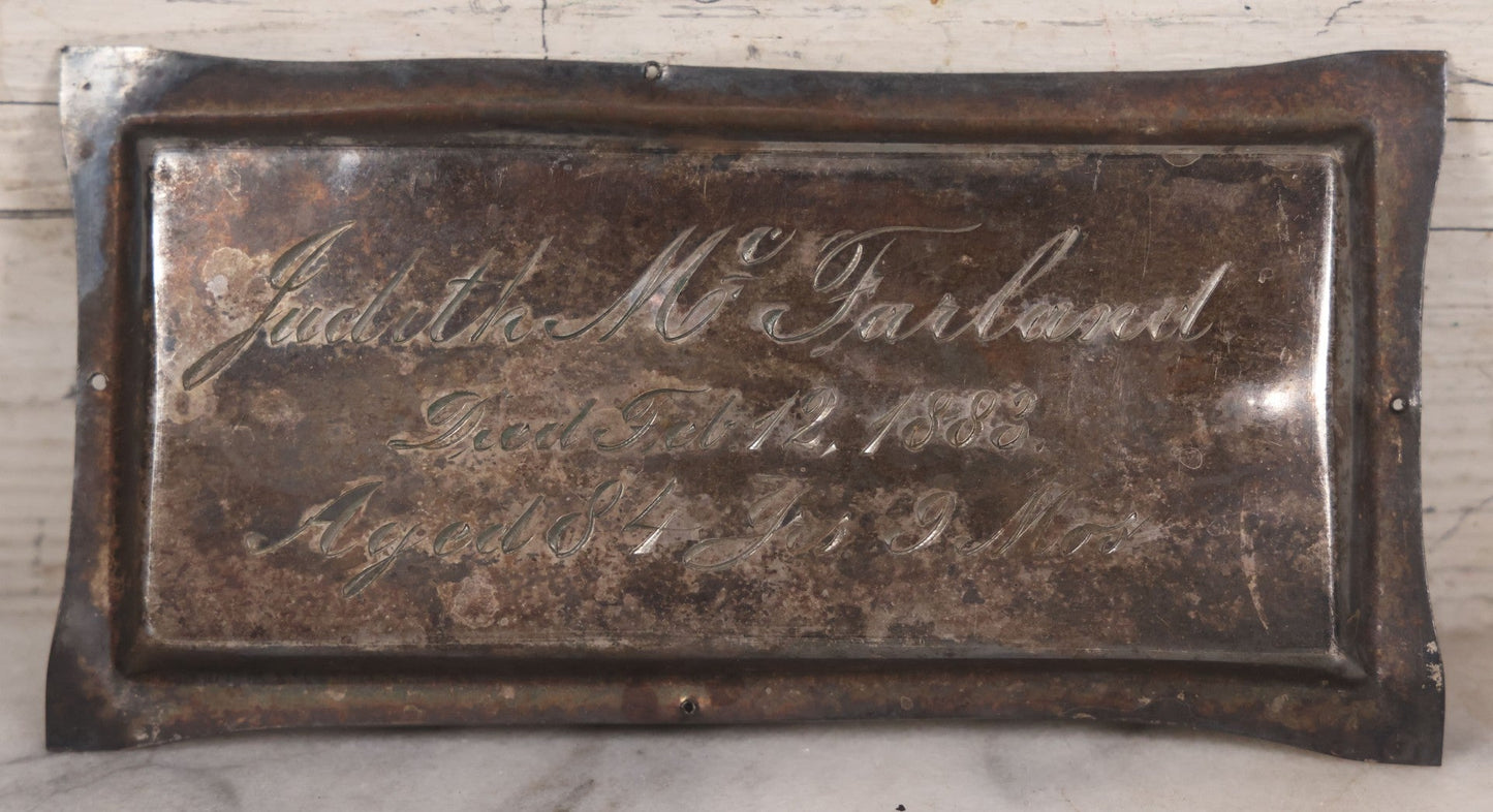 Lot 019 - Antique Silver Plate Casket Plaque For Judith McFarland, Died February 12, 1883, Aged 84 Years, 9 Months
