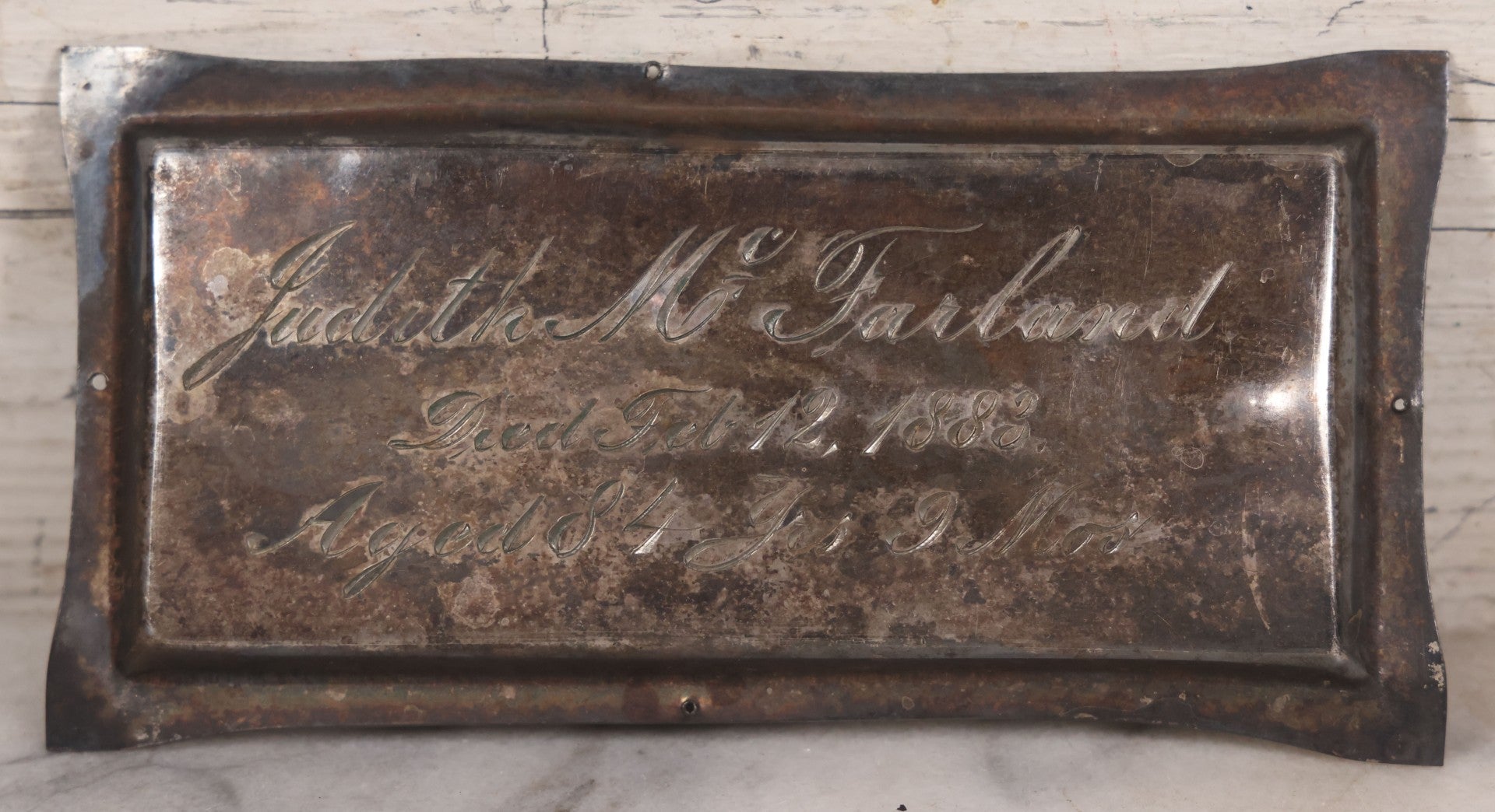 Lot 019 - Antique Silver Plate Casket Plaque For Judith McFarland, Died February 12, 1883, Aged 84 Years, 9 Months