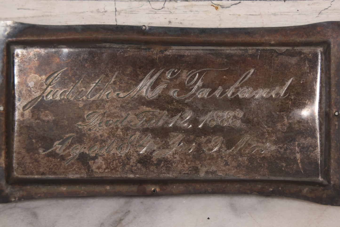 Lot 019 - Antique Silver Plate Casket Plaque For Judith McFarland, Died February 12, 1883, Aged 84 Years, 9 Months