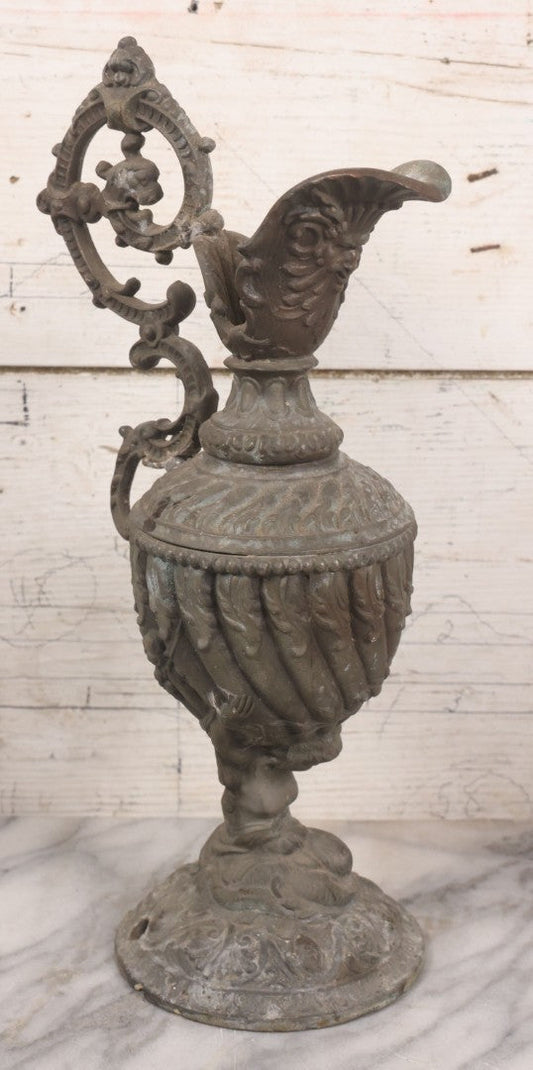 Lot 020 - Antique Spelter White Metal Gothic Style Ewer With Green Man Motif, Figural Child Base, Former Lamp Conversion, 14-1/2" Height