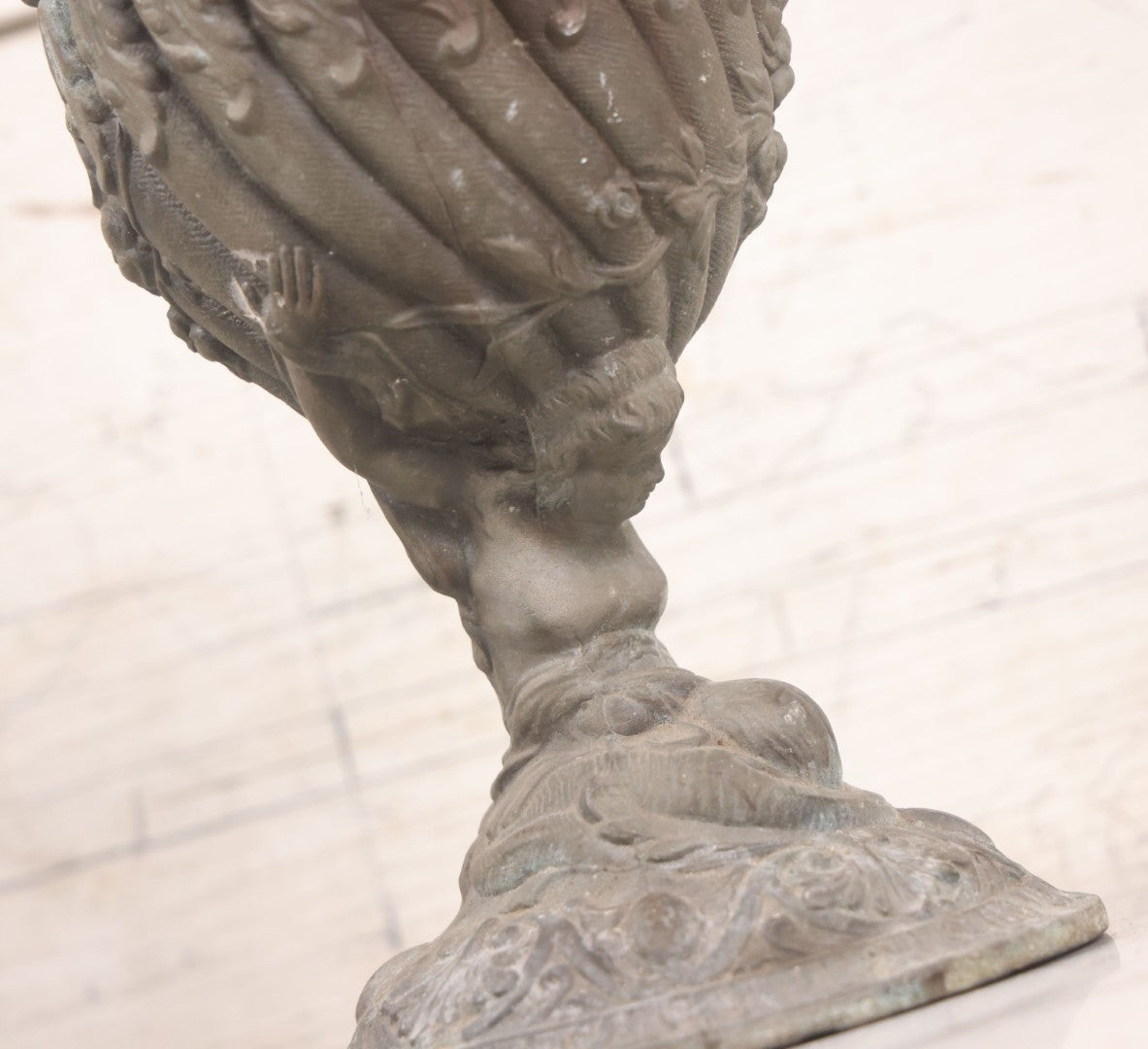 Lot 020 - Antique Spelter White Metal Gothic Style Ewer With Green Man Motif, Figural Child Base, Former Lamp Conversion, 14-1/2" Height