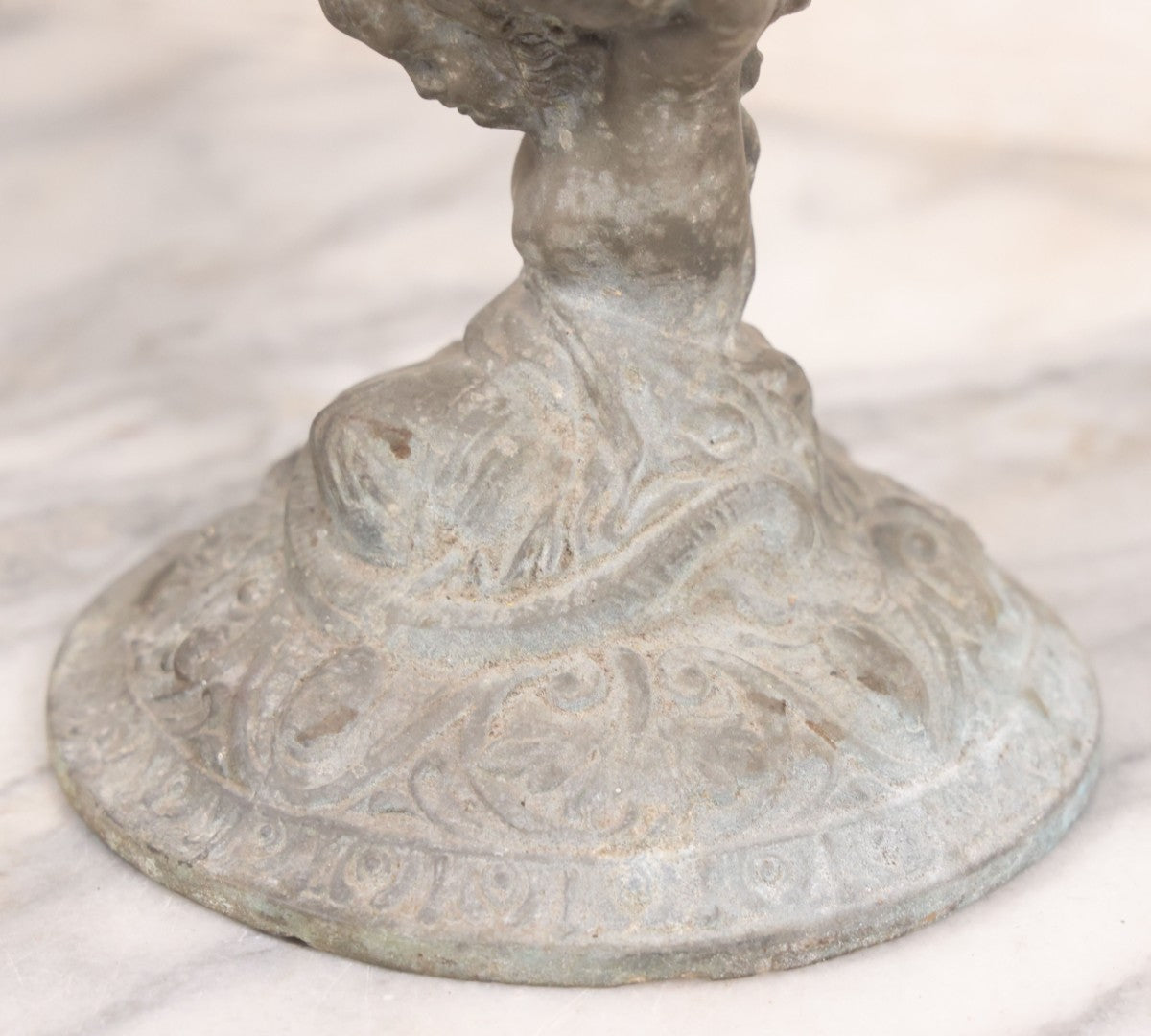 Lot 020 - Antique Spelter White Metal Gothic Style Ewer With Green Man Motif, Figural Child Base, Former Lamp Conversion, 14-1/2" Height