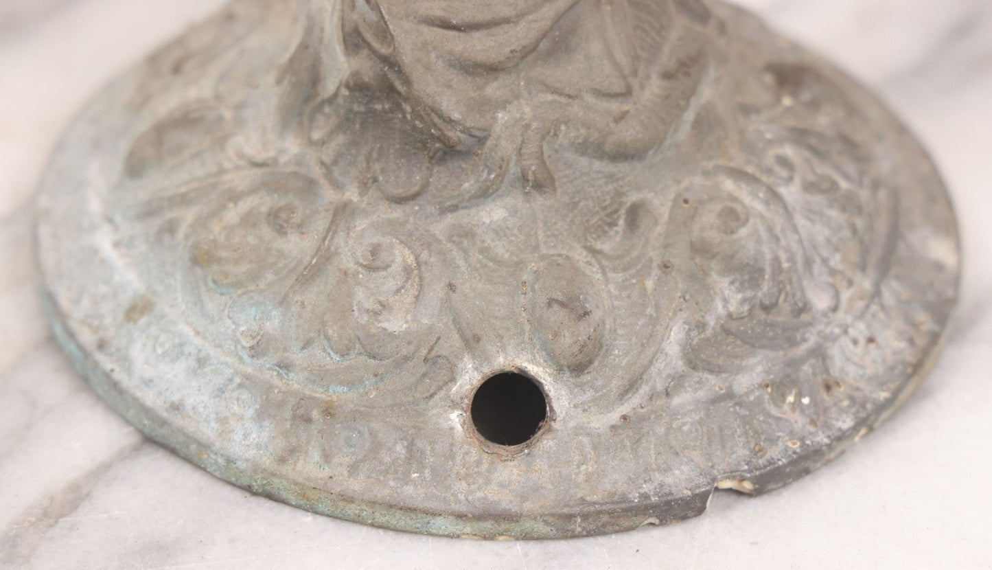 Lot 020 - Antique Spelter White Metal Gothic Style Ewer With Green Man Motif, Figural Child Base, Former Lamp Conversion, 14-1/2" Height