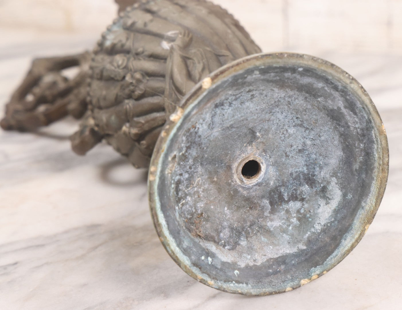 Lot 020 - Antique Spelter White Metal Gothic Style Ewer With Green Man Motif, Figural Child Base, Former Lamp Conversion, 14-1/2" Height