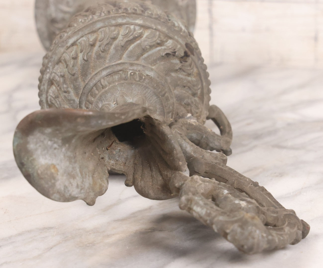 Lot 020 - Antique Spelter White Metal Gothic Style Ewer With Green Man Motif, Figural Child Base, Former Lamp Conversion, 14-1/2" Height