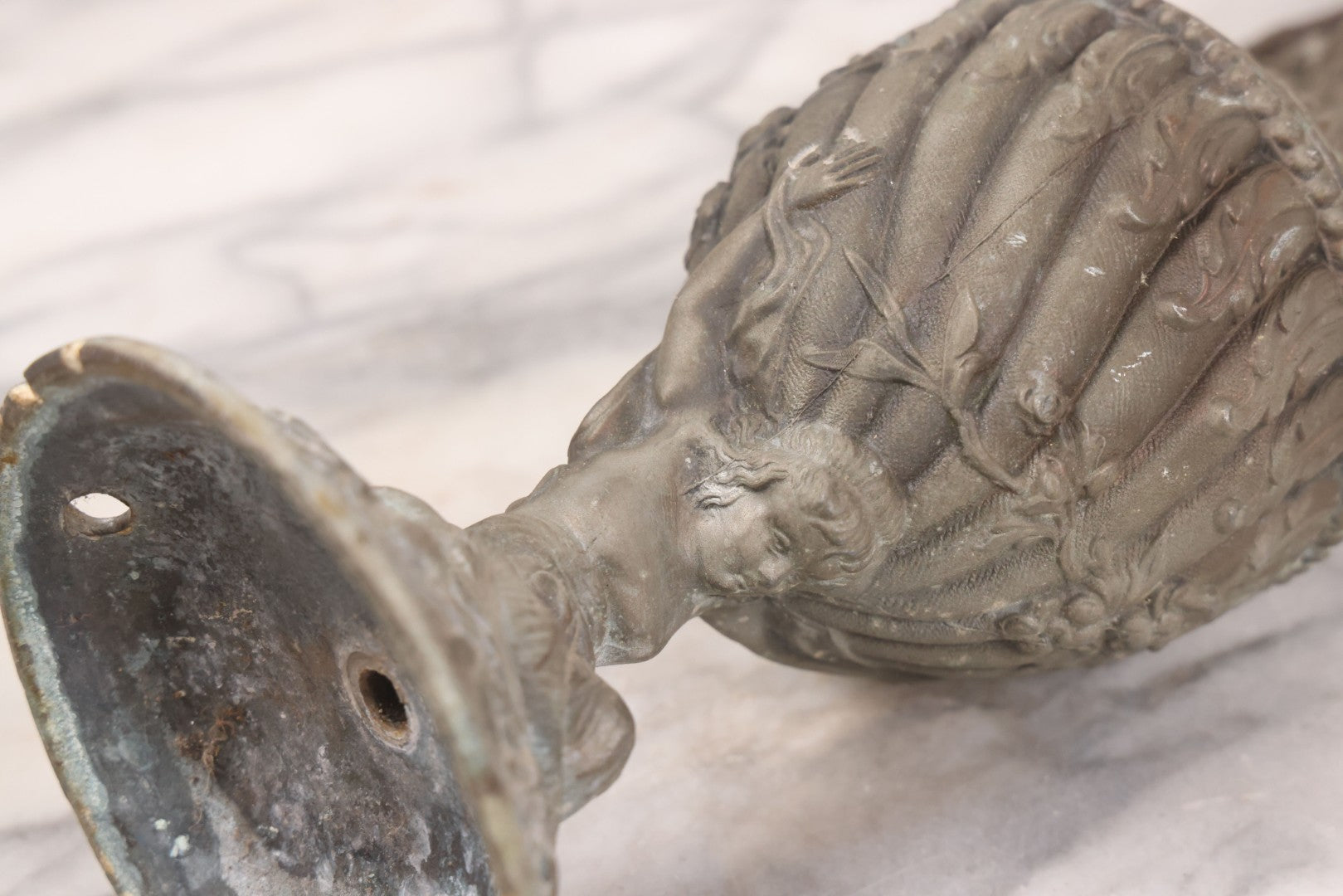 Lot 020 - Antique Spelter White Metal Gothic Style Ewer With Green Man Motif, Figural Child Base, Former Lamp Conversion, 14-1/2" Height