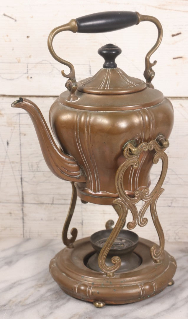 Lot 023 - Antique Art Nouveau Copper Teapot With Original Matching Stand, Pewter Burner, Black Wood Handle, Manufactured By S. Sternau & Co., (S & S Co. Trademark), New York, Circa 1900