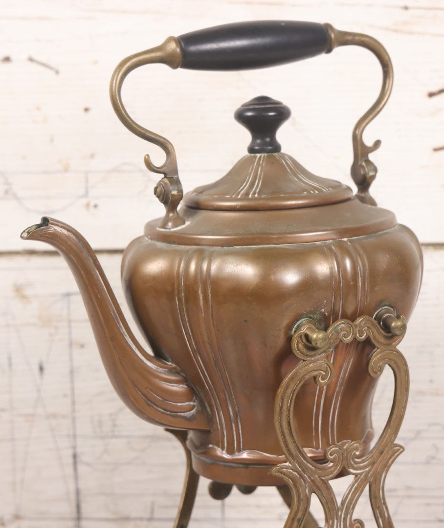 Lot 023 - Antique Art Nouveau Copper Teapot With Original Matching Stand, Pewter Burner, Black Wood Handle, Manufactured By S. Sternau & Co., (S & S Co. Trademark), New York, Circa 1900