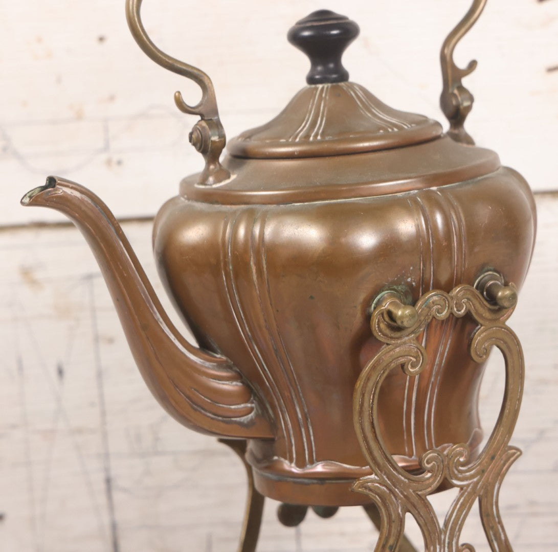 Lot 023 - Antique Art Nouveau Copper Teapot With Original Matching Stand, Pewter Burner, Black Wood Handle, Manufactured By S. Sternau & Co., (S & S Co. Trademark), New York, Circa 1900