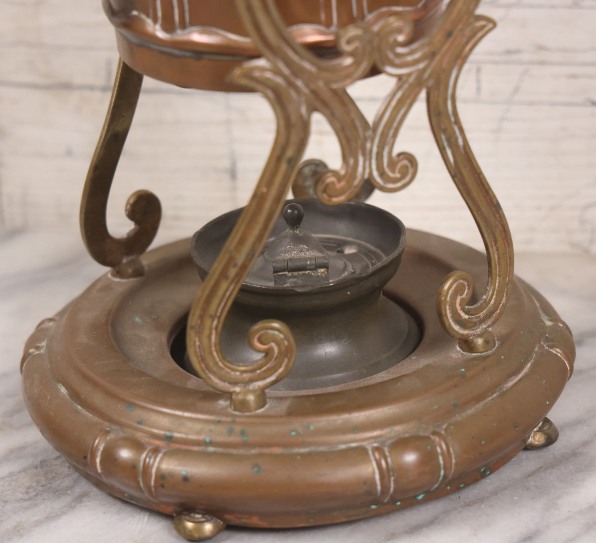 Lot 023 - Antique Art Nouveau Copper Teapot With Original Matching Stand, Pewter Burner, Black Wood Handle, Manufactured By S. Sternau & Co., (S & S Co. Trademark), New York, Circa 1900