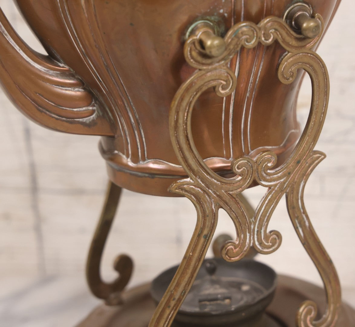 Lot 023 - Antique Art Nouveau Copper Teapot With Original Matching Stand, Pewter Burner, Black Wood Handle, Manufactured By S. Sternau & Co., (S & S Co. Trademark), New York, Circa 1900