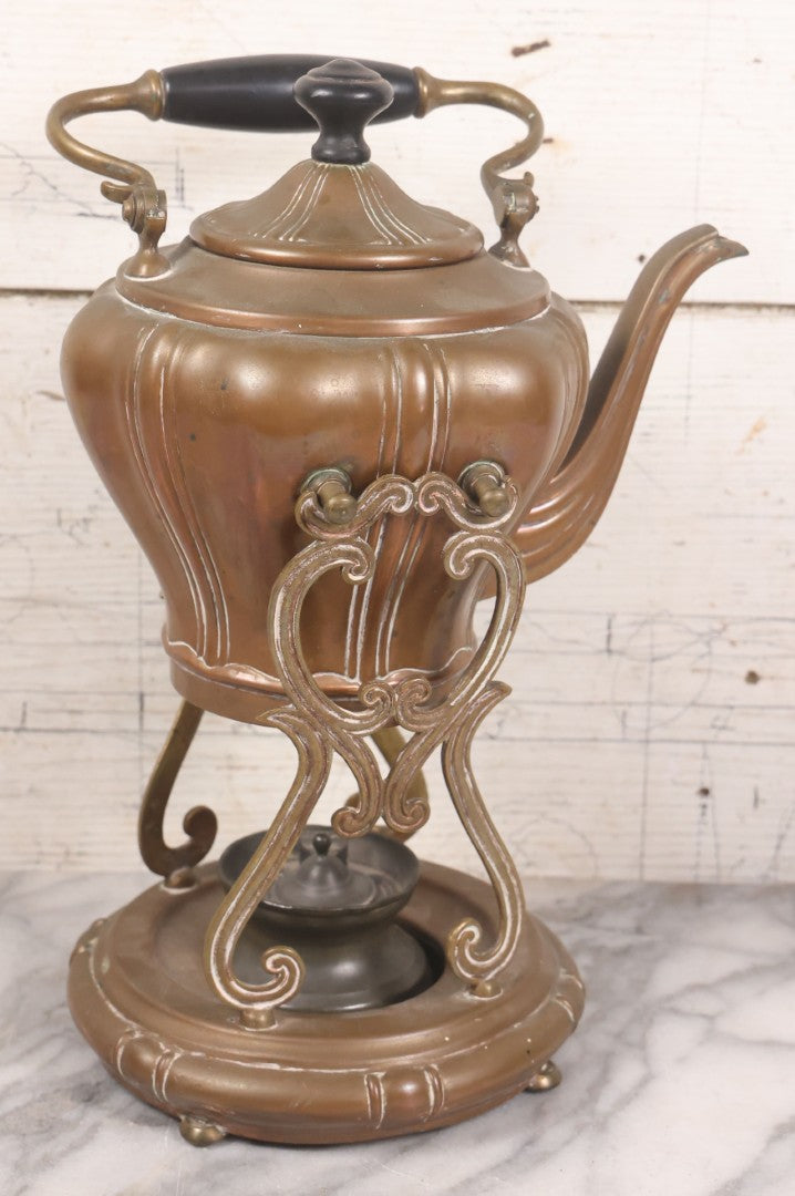 Lot 023 - Antique Art Nouveau Copper Teapot With Original Matching Stand, Pewter Burner, Black Wood Handle, Manufactured By S. Sternau & Co., (S & S Co. Trademark), New York, Circa 1900