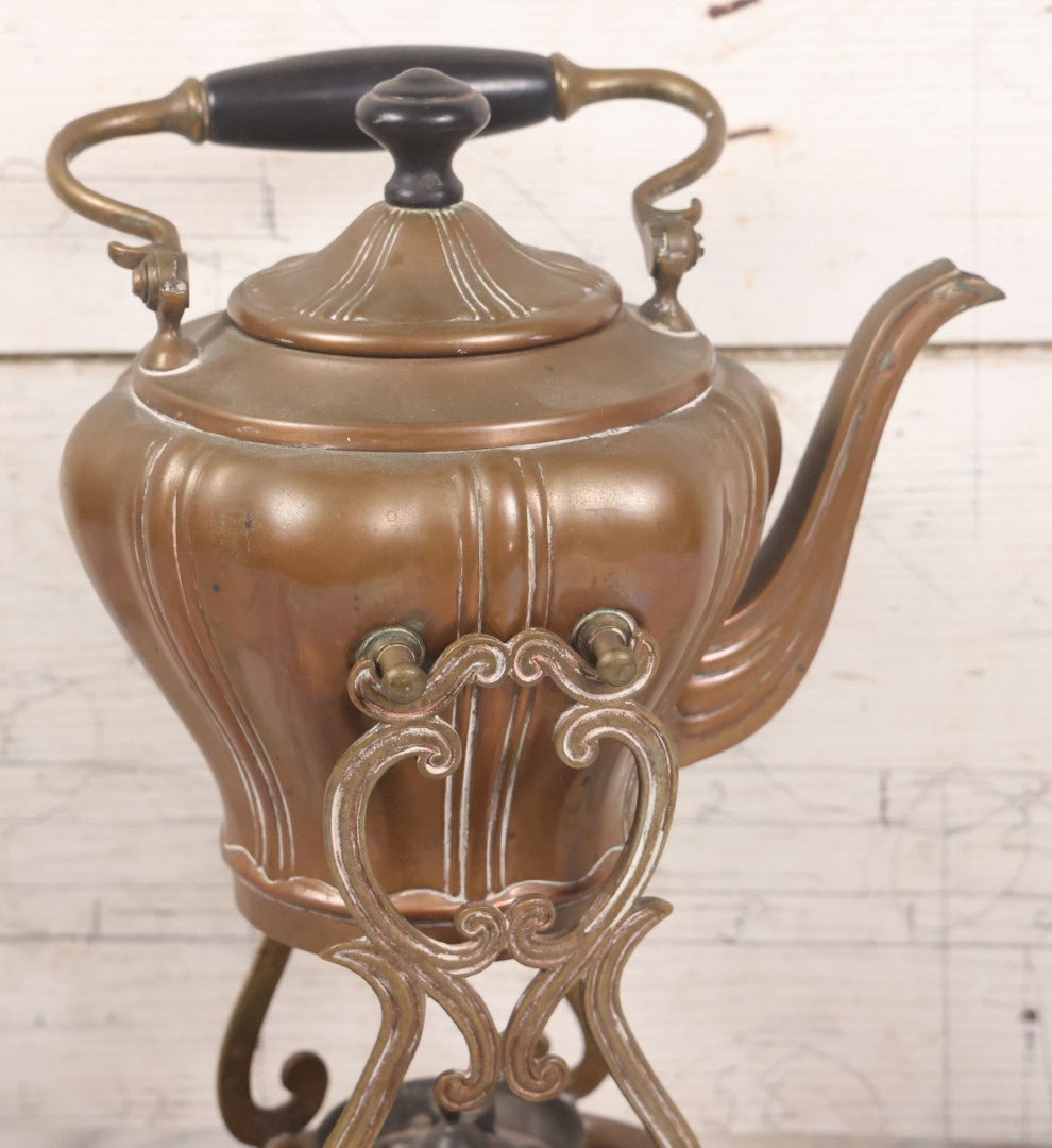 Lot 023 - Antique Art Nouveau Copper Teapot With Original Matching Stand, Pewter Burner, Black Wood Handle, Manufactured By S. Sternau & Co., (S & S Co. Trademark), New York, Circa 1900