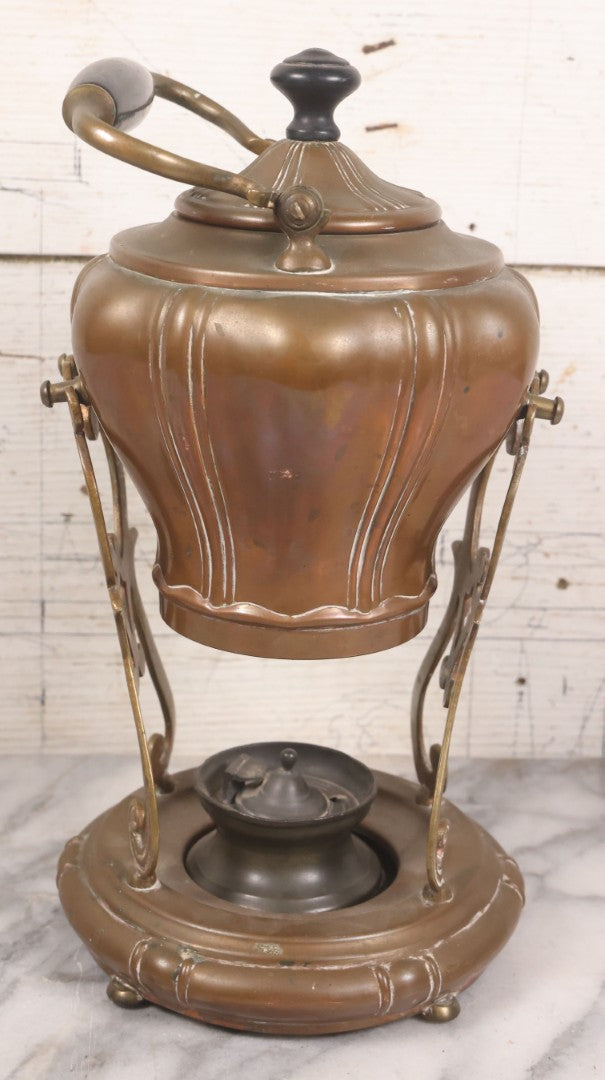 Lot 023 - Antique Art Nouveau Copper Teapot With Original Matching Stand, Pewter Burner, Black Wood Handle, Manufactured By S. Sternau & Co., (S & S Co. Trademark), New York, Circa 1900