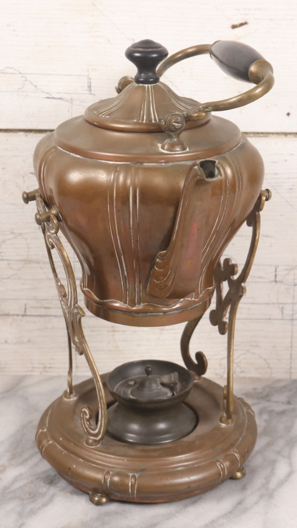 Lot 023 - Antique Art Nouveau Copper Teapot With Original Matching Stand, Pewter Burner, Black Wood Handle, Manufactured By S. Sternau & Co., (S & S Co. Trademark), New York, Circa 1900