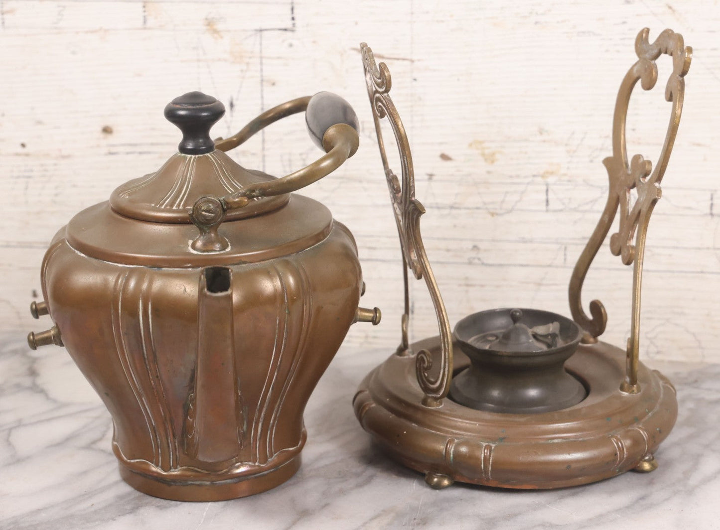 Lot 023 - Antique Art Nouveau Copper Teapot With Original Matching Stand, Pewter Burner, Black Wood Handle, Manufactured By S. Sternau & Co., (S & S Co. Trademark), New York, Circa 1900